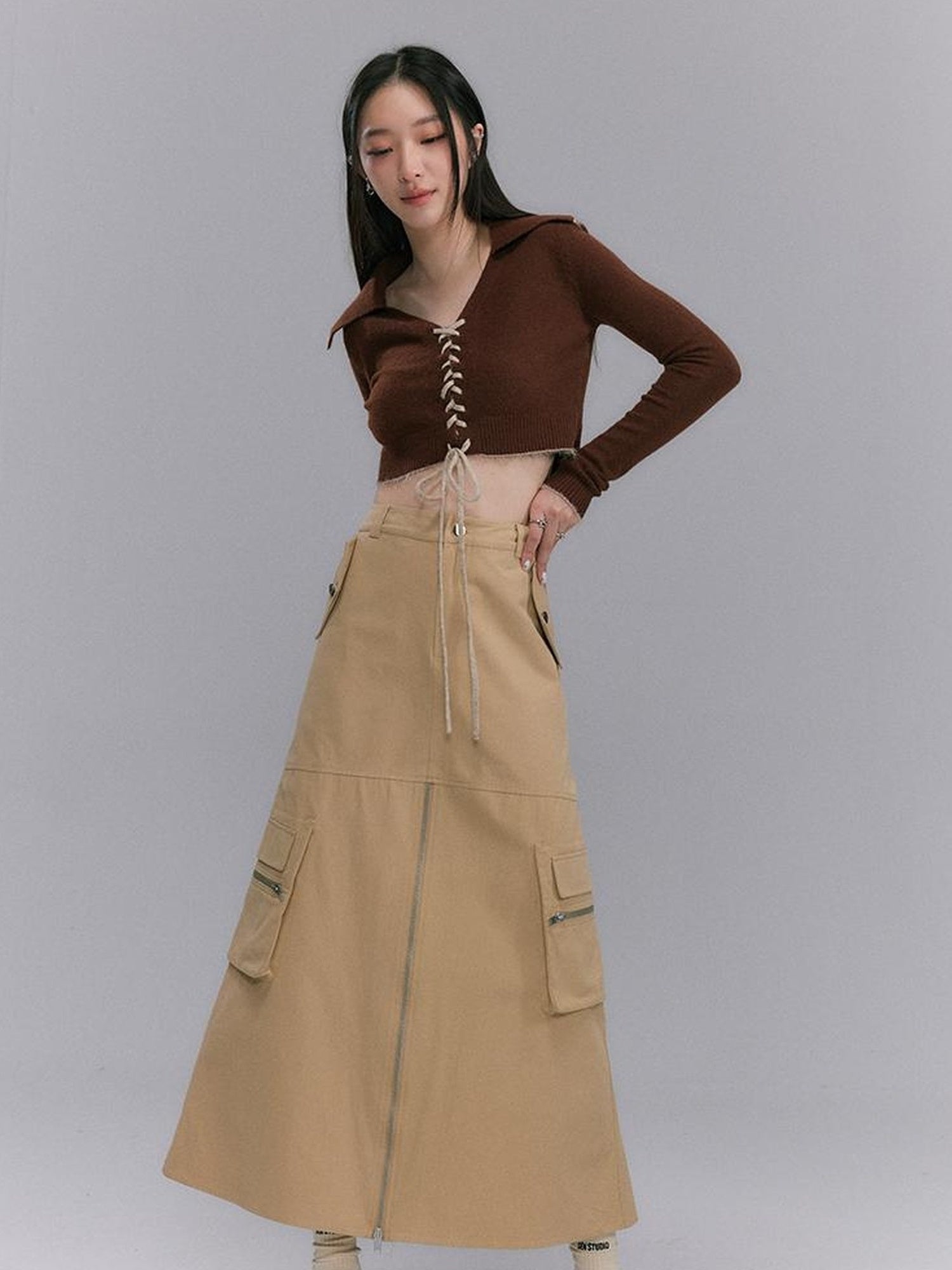 DIDDI MODA Vintage Utility Midi Skirt With Metal Zipper And Pockets
