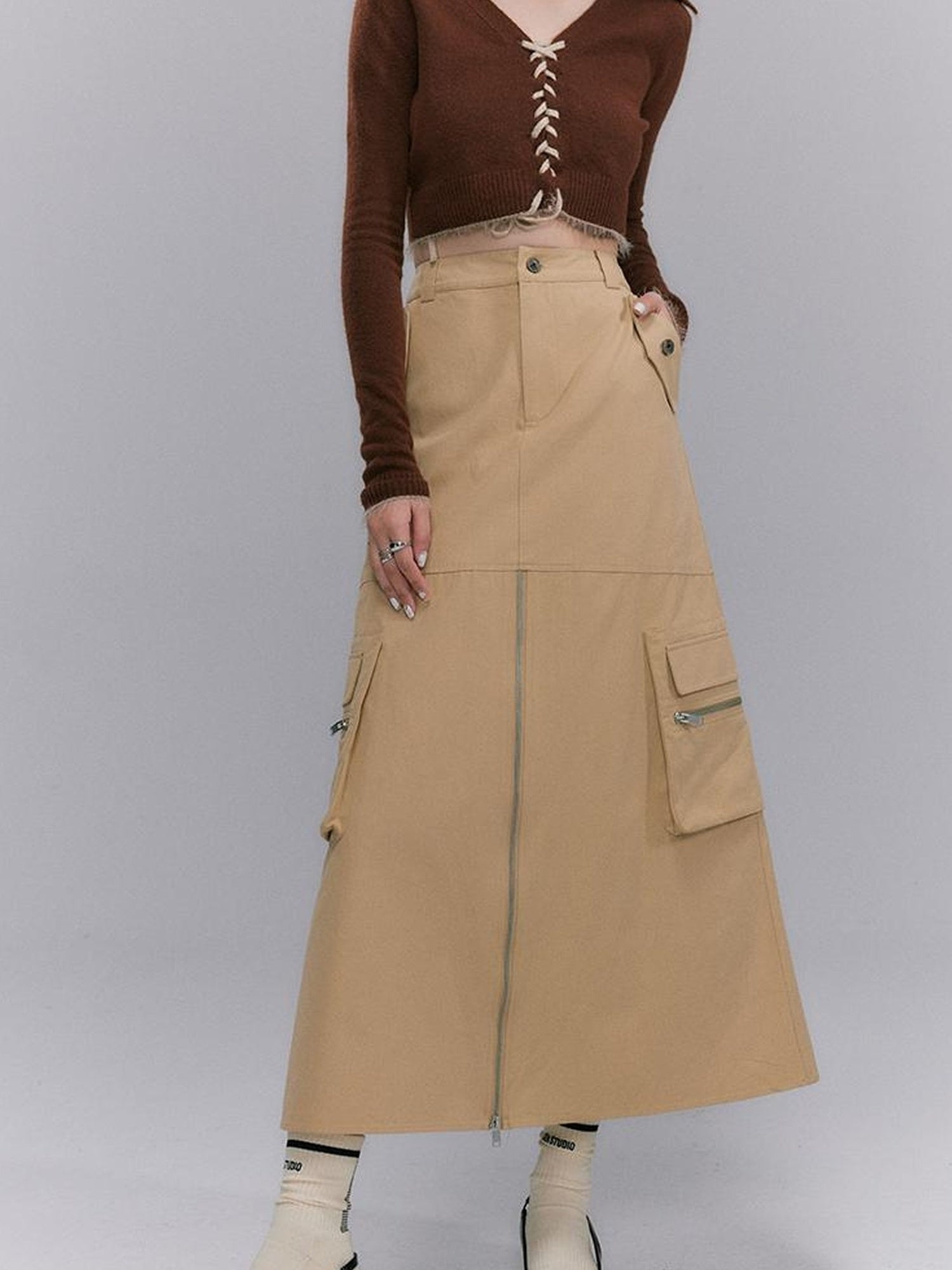 DIDDI MODA Vintage Utility Midi Skirt With Metal Zipper And Pockets