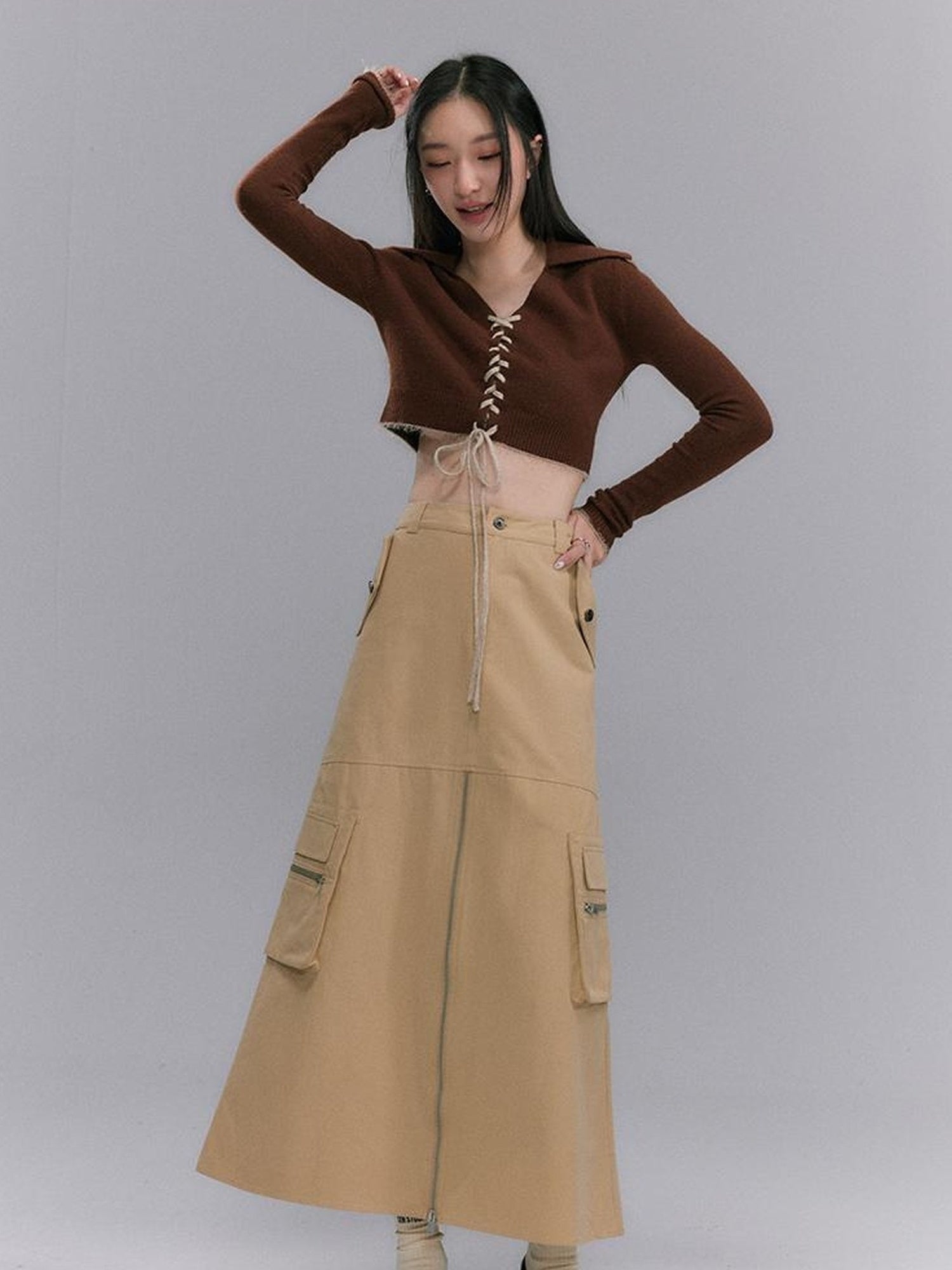 DIDDI MODA Vintage Utility Midi Skirt With Metal Zipper And Pockets