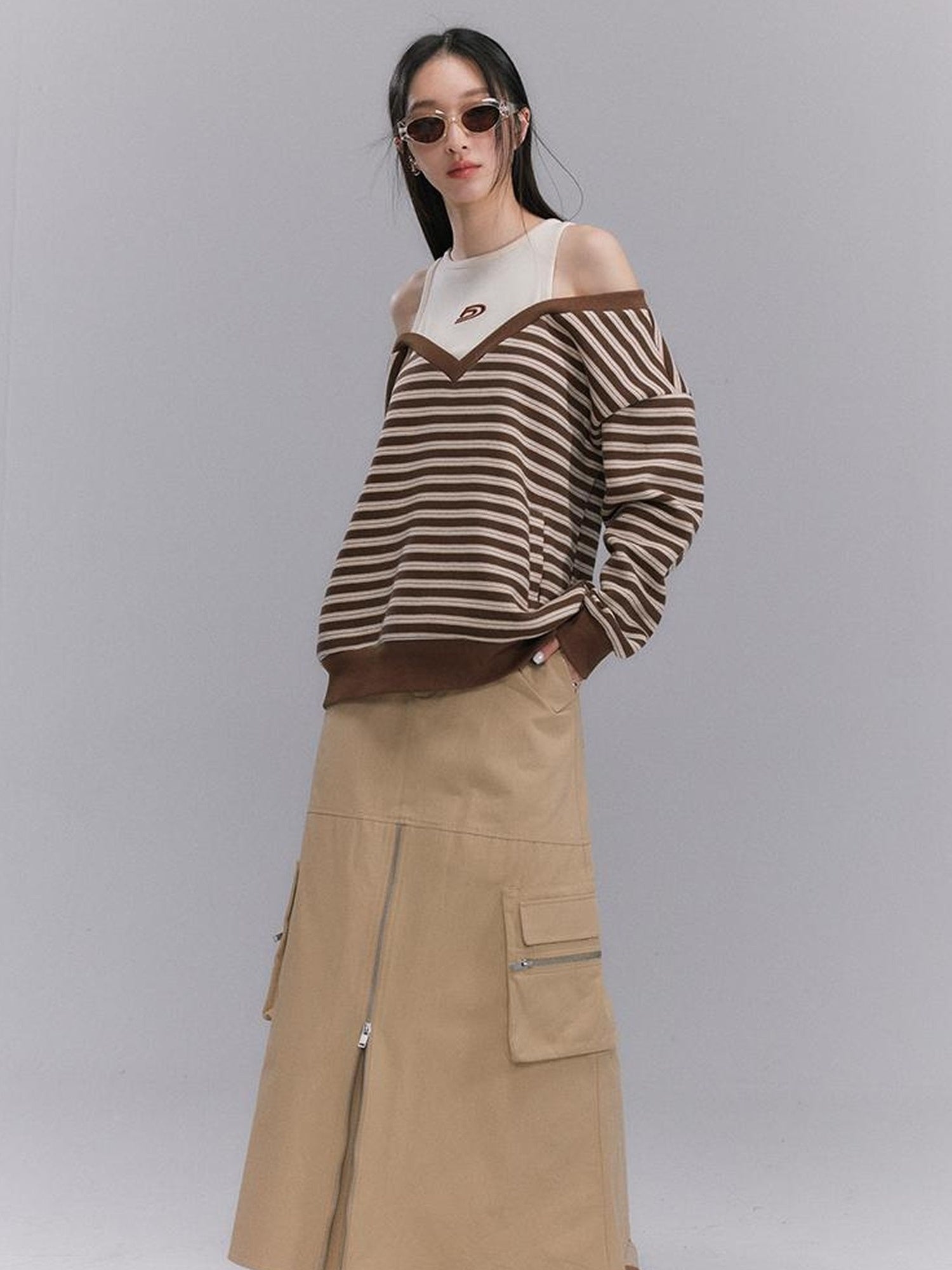 DIDDI MODA Vintage Utility Midi Skirt With Metal Zipper And Pockets