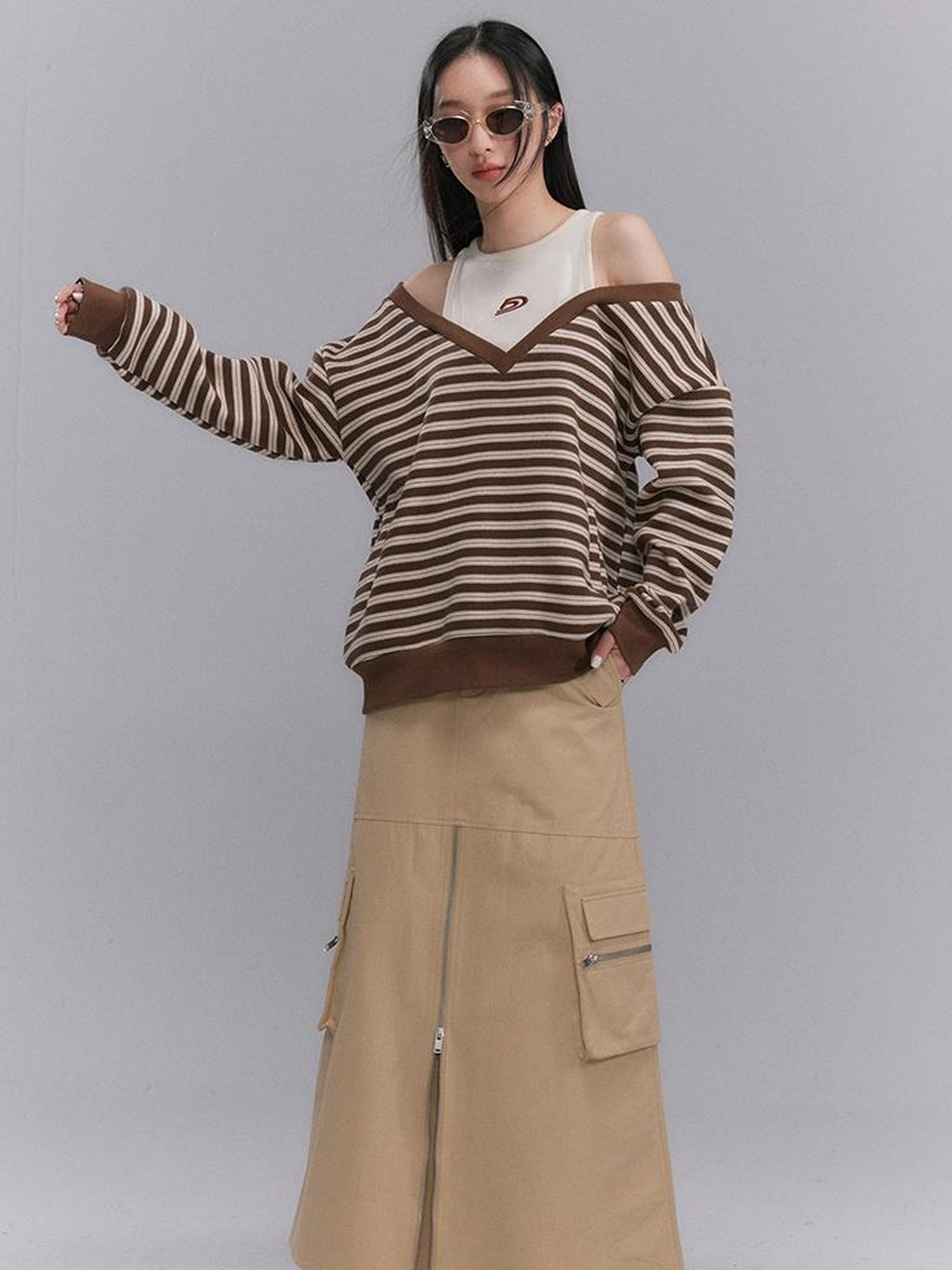 DIDDI MODA Vintage Utility Midi Skirt With Metal Zipper And Pockets