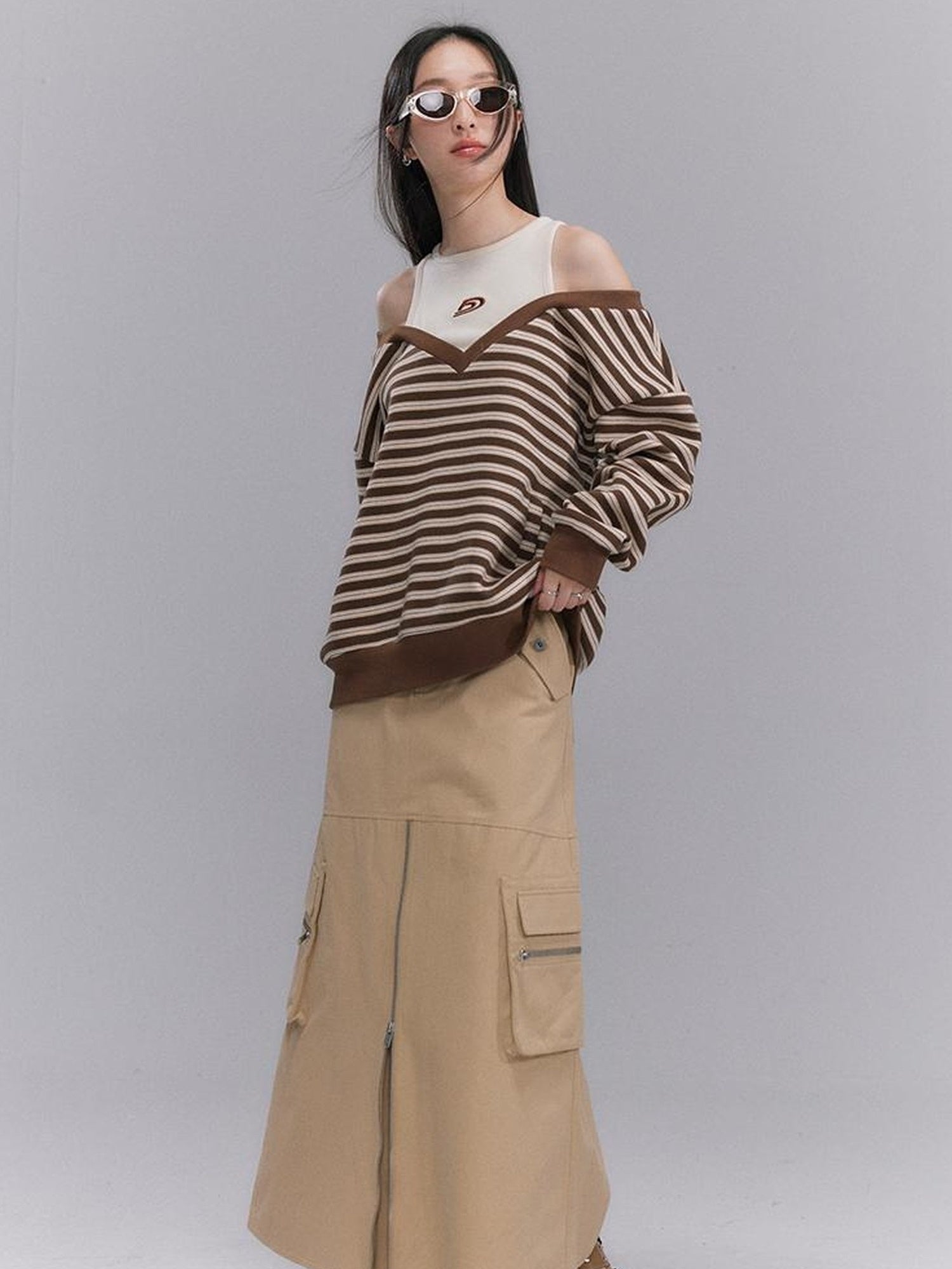 DIDDI MODA Vintage Utility Midi Skirt With Metal Zipper And Pockets