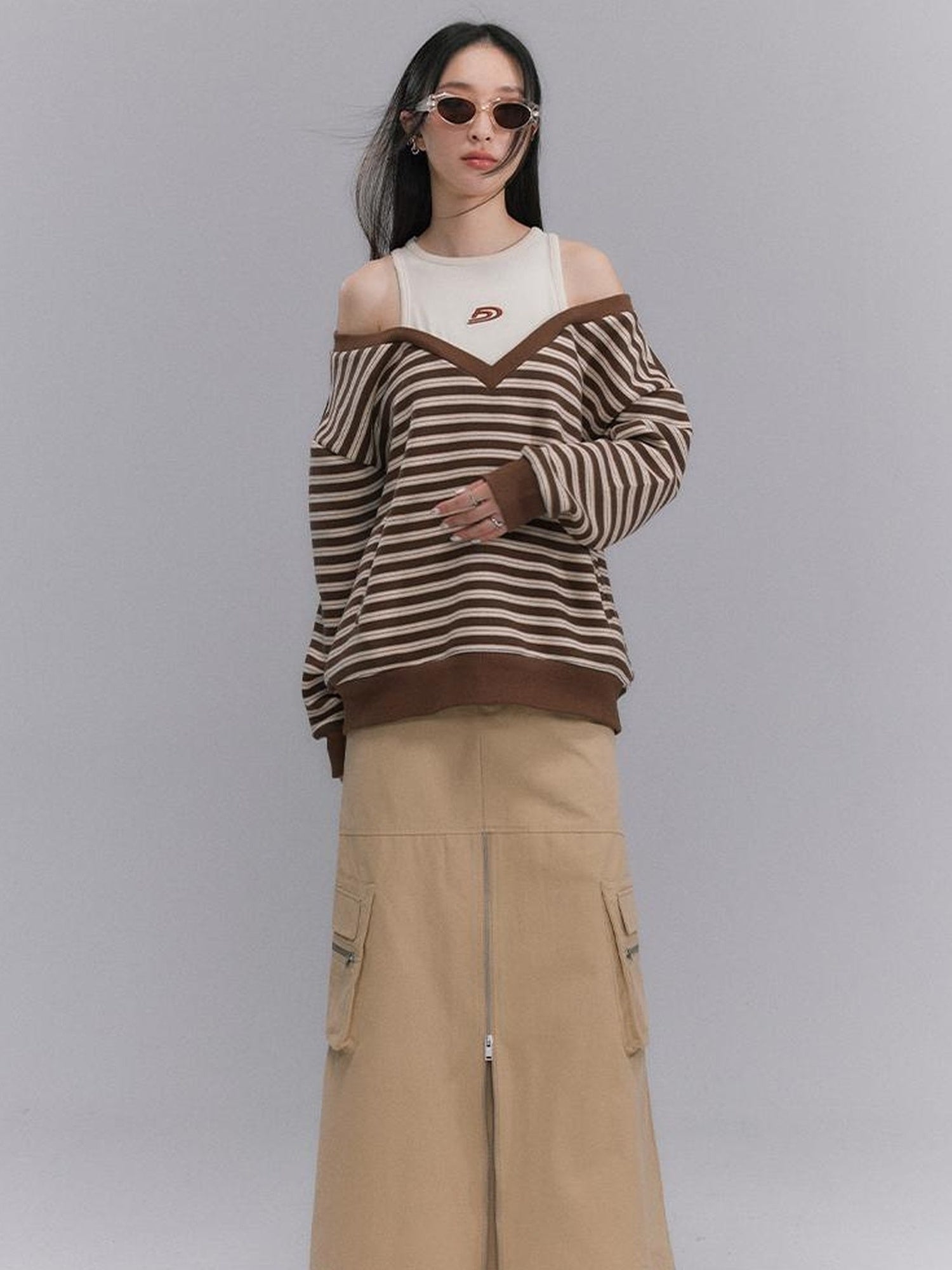 DIDDI MODA Vintage Utility Midi Skirt With Metal Zipper And Pockets