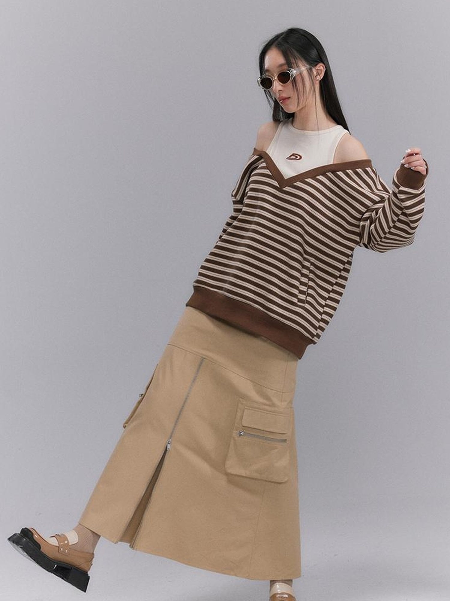 DIDDI MODA Vintage Utility Midi Skirt With Metal Zipper And Pockets