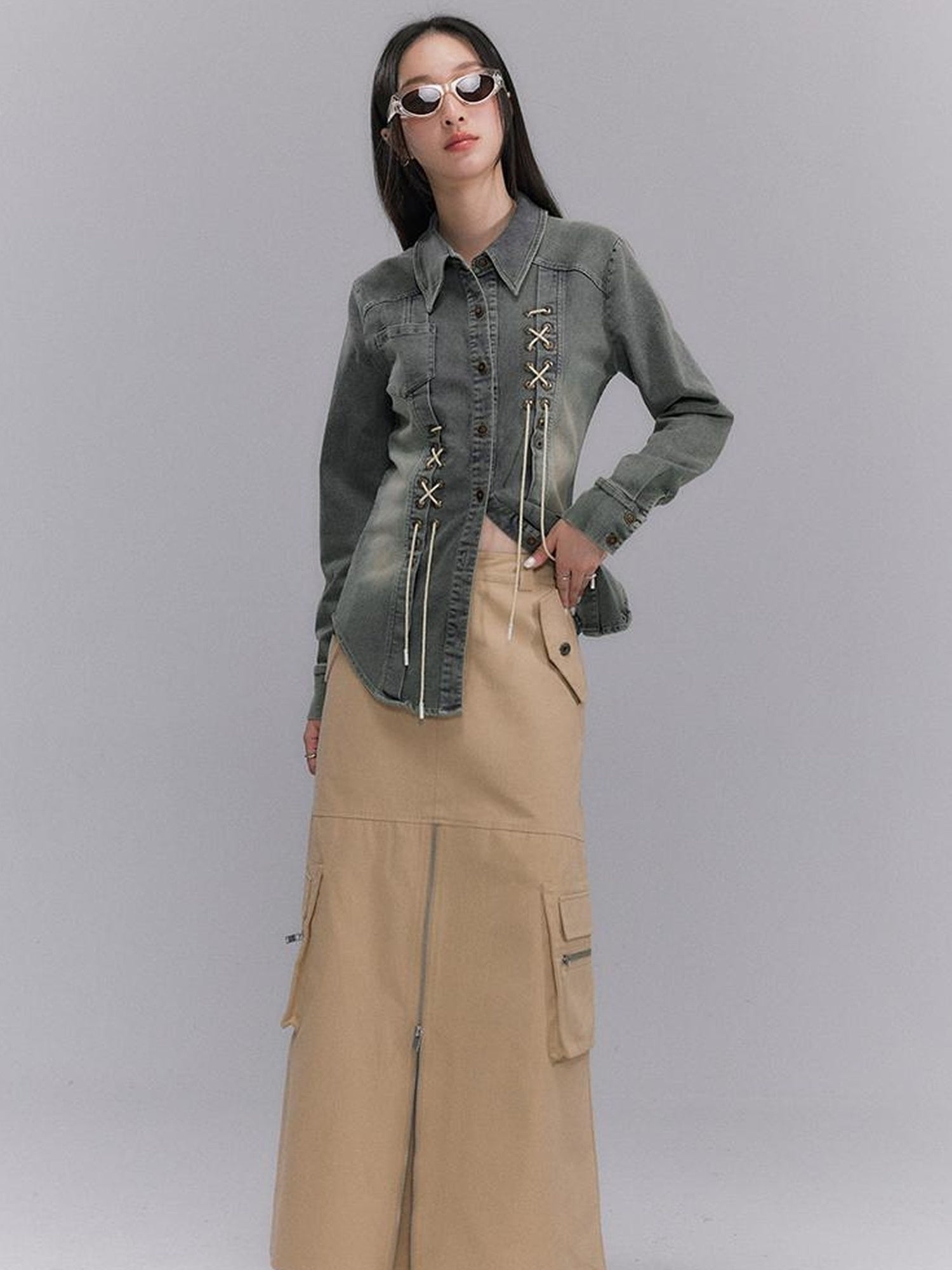 DIDDI MODA Vintage Utility Midi Skirt With Metal Zipper And Pockets