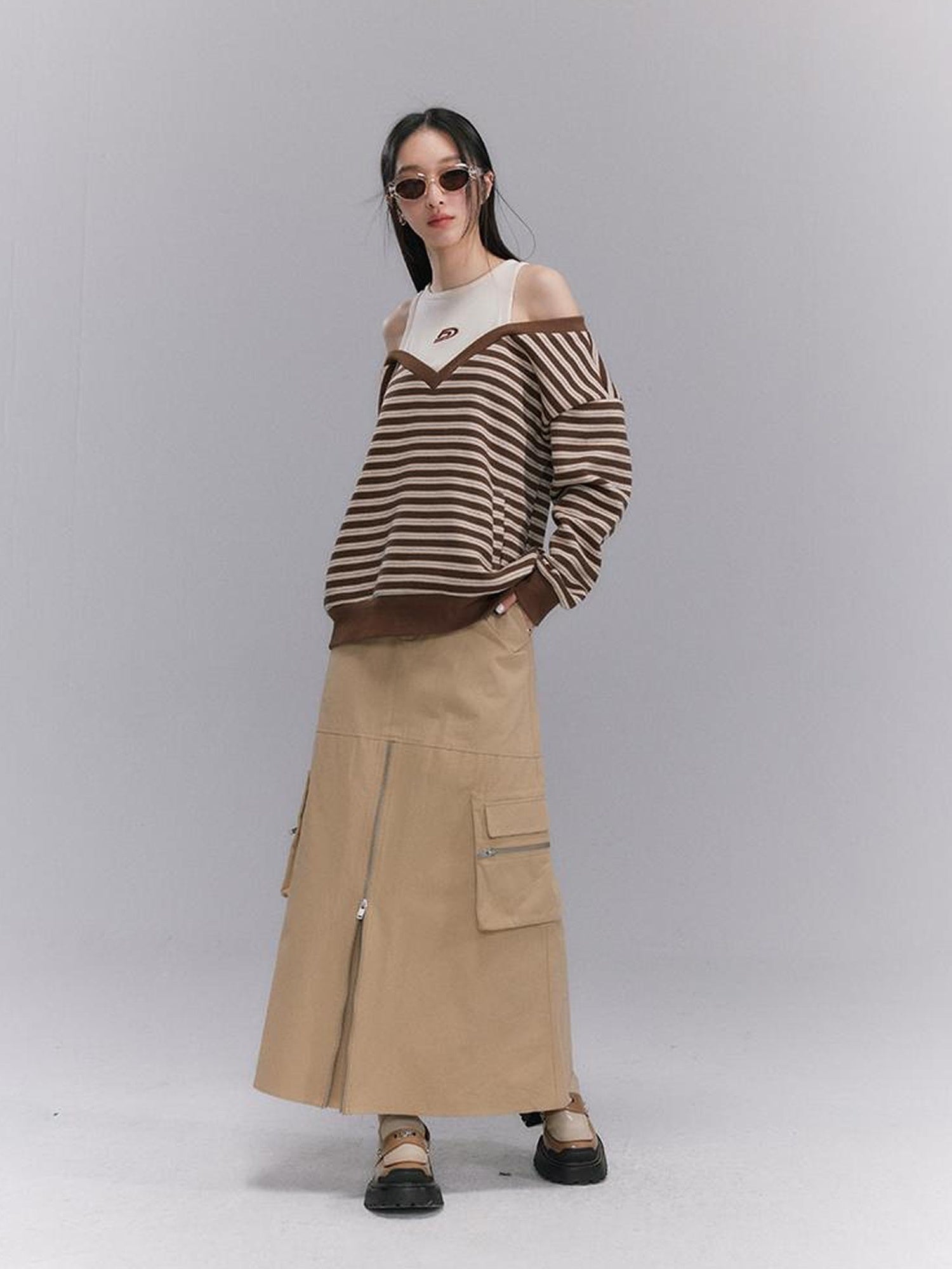 DIDDI MODA Vintage Utility Midi Skirt With Metal Zipper And Pockets