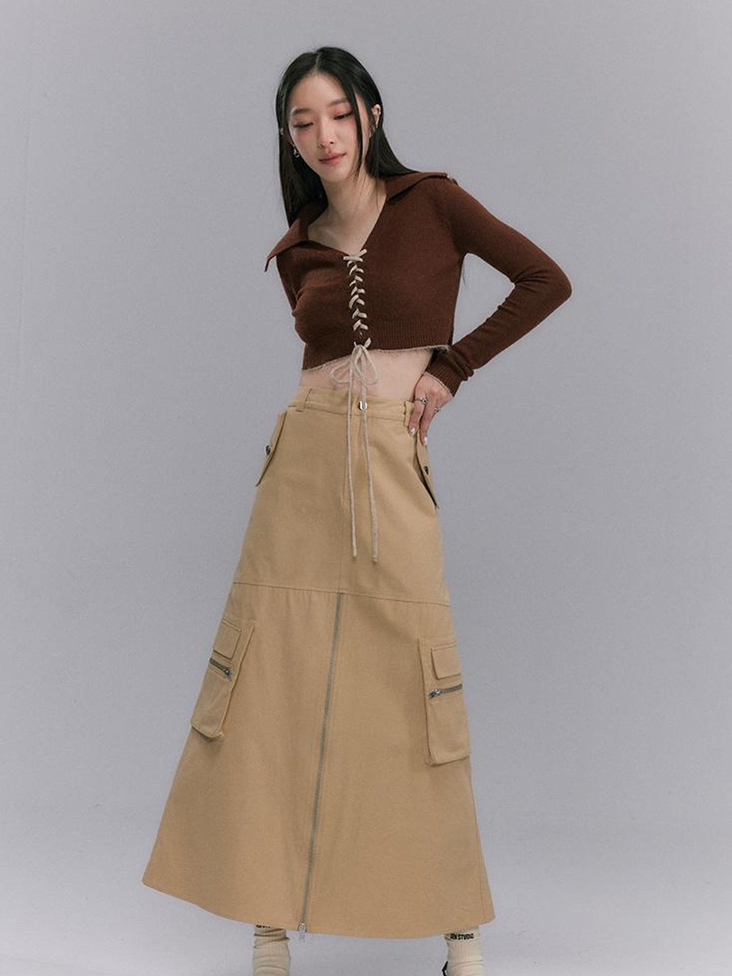 DIDDI MODA Vintage Utility Midi Skirt With Metal Zipper And Pockets