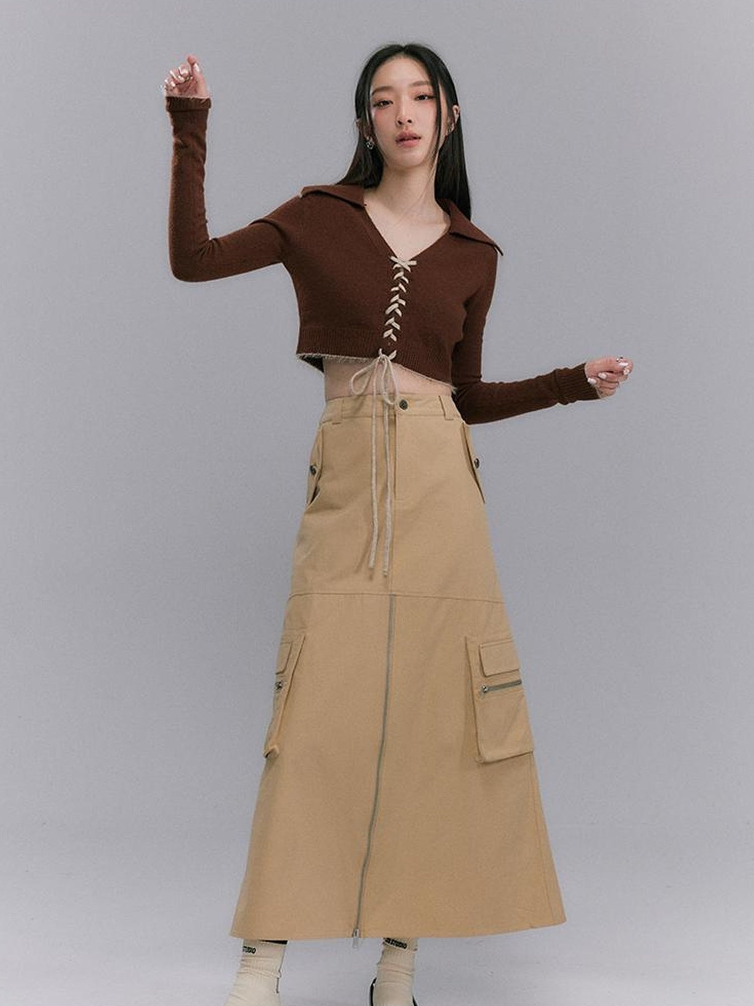 DIDDI MODA Vintage Utility Midi Skirt With Metal Zipper And Pockets