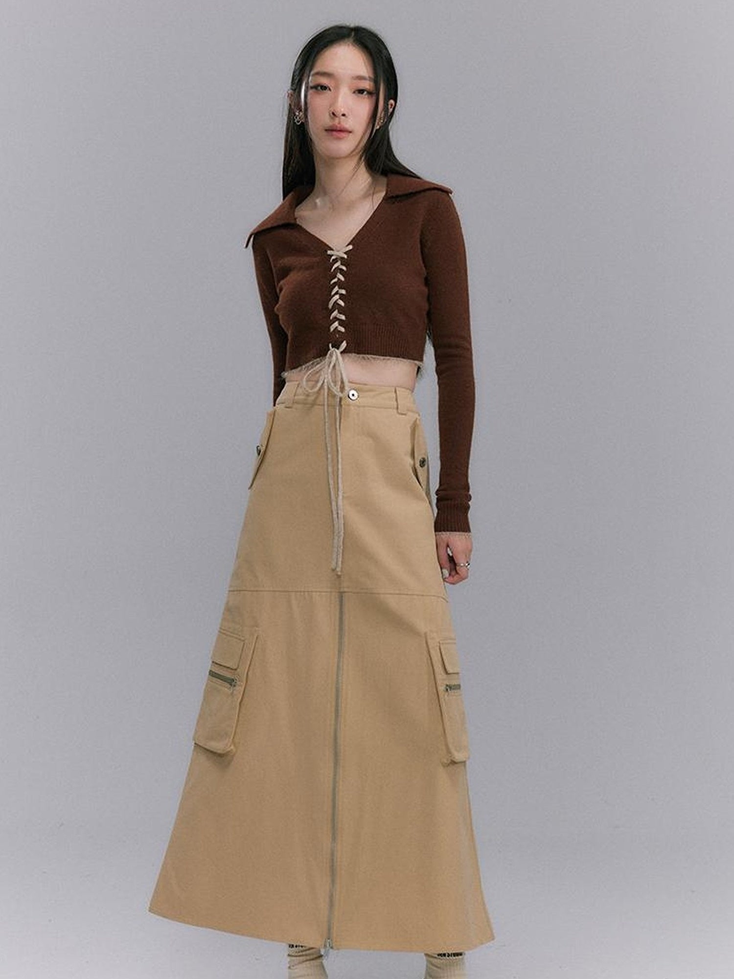 DIDDI MODA Vintage Utility Midi Skirt With Metal Zipper And Pockets