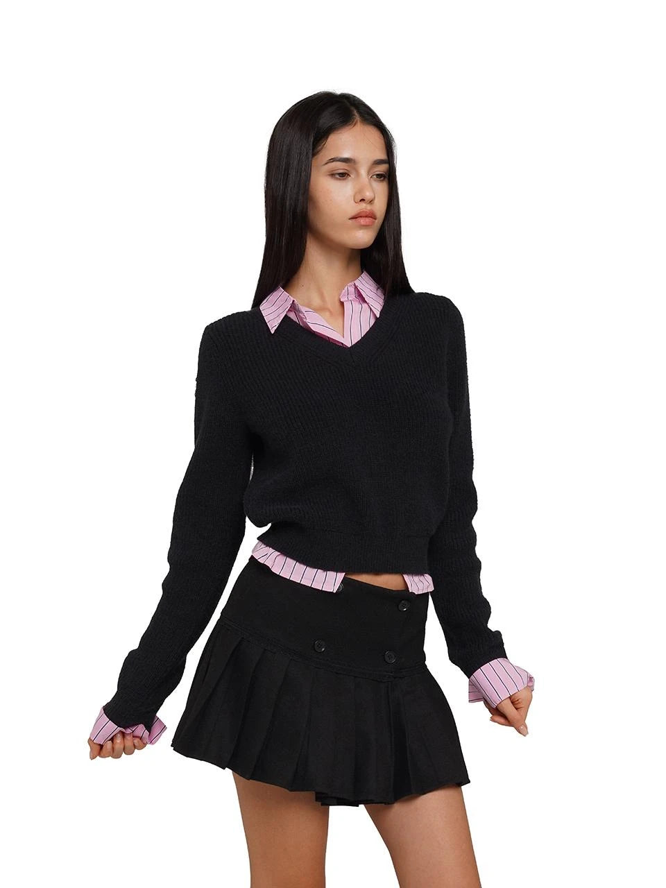 Vintage Waisted Pink Blue Striped Knit Fake Two Piece Shirt