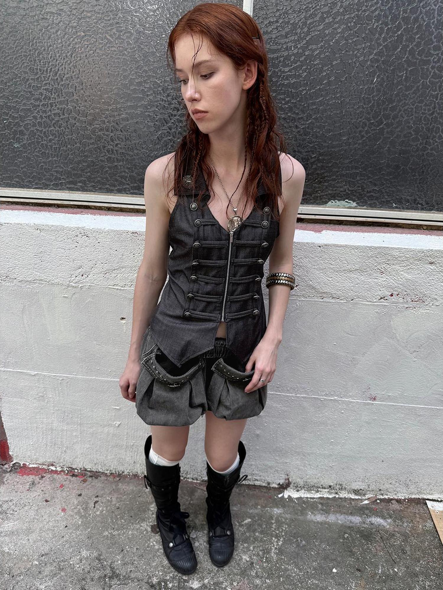 DoublePunch Vintage Washed A-Line Cargo Shorts With Rivets