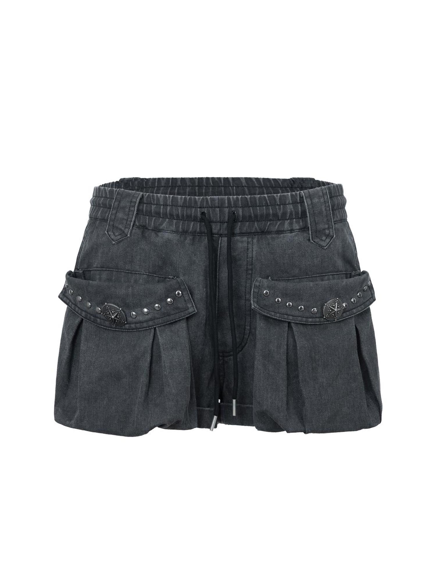 DoublePunch Vintage Washed A-Line Cargo Shorts With Rivets