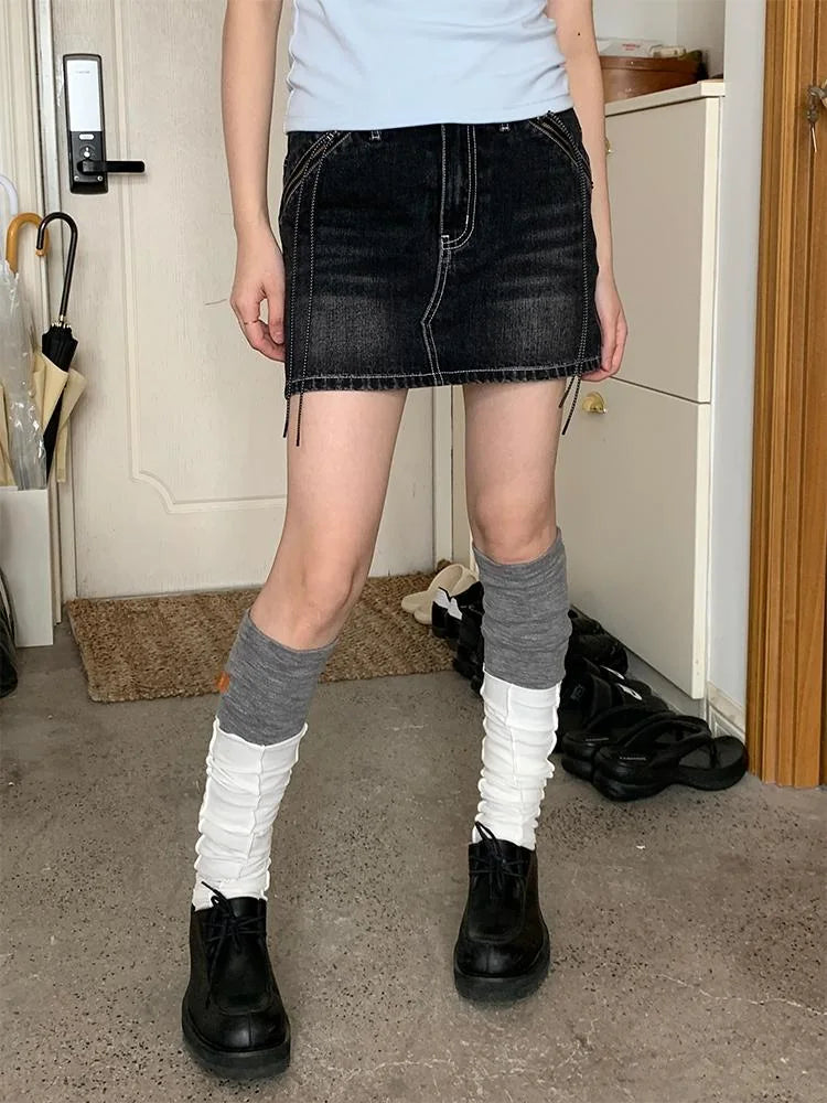 Vintage Washed Black Denim Mini Skirt With Lining Skirts