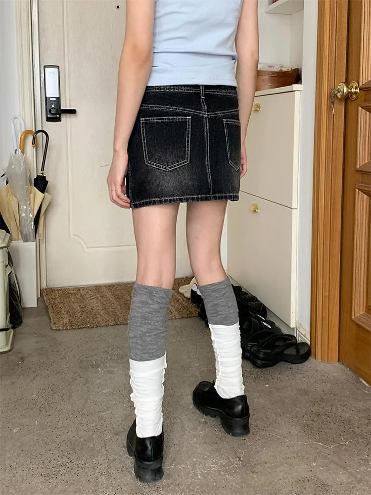 Vintage Washed Black Denim Mini Skirt With Lining Skirts
