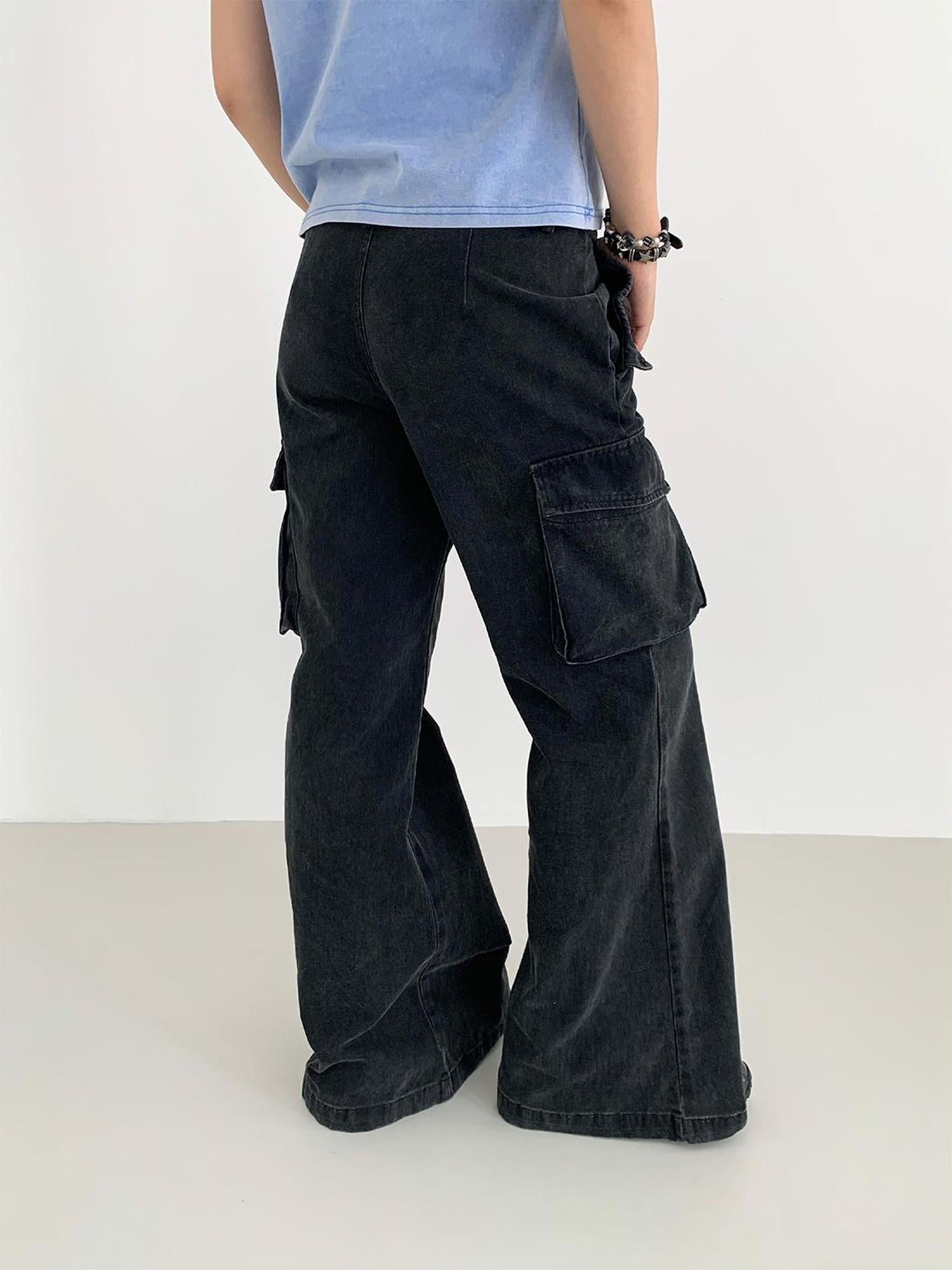 Vintage Washed Cargo Flare Low-Rise Wide Leg Pants