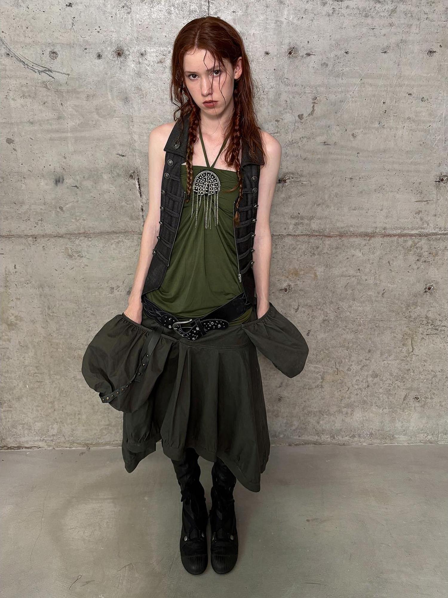 DoublePunch Vintage Washed Cotton A-Line Puffy Midi Skirt With Pockets