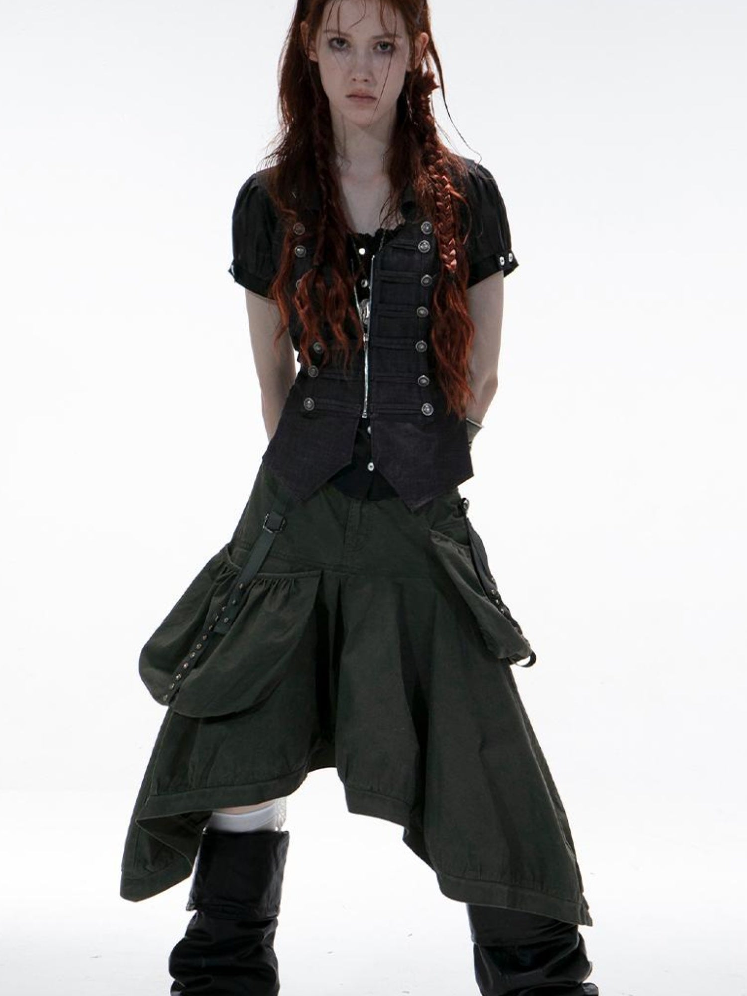 DoublePunch Vintage Washed Cotton A-Line Puffy Midi Skirt With Pockets