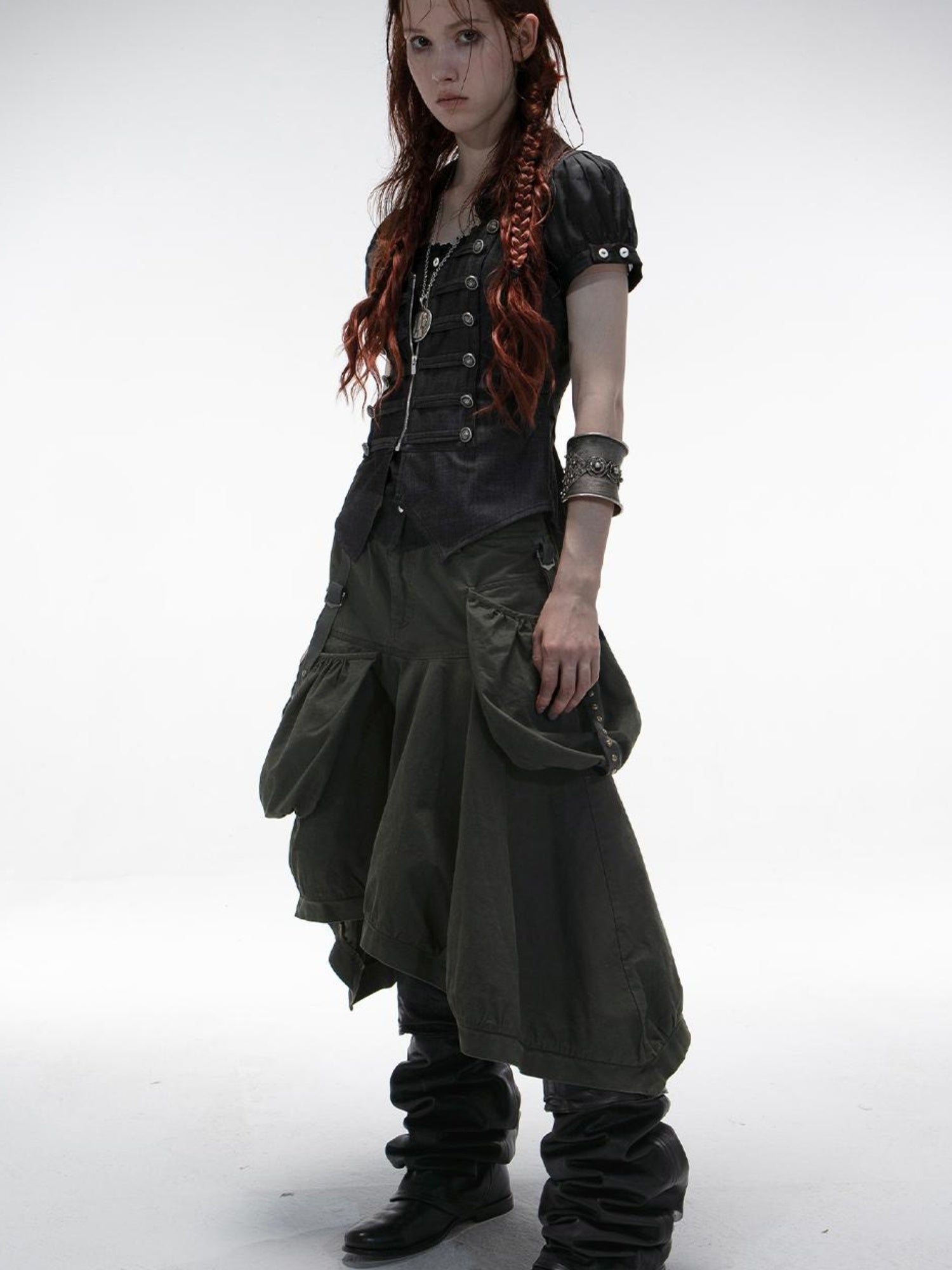 DoublePunch Vintage Washed Cotton A-Line Puffy Midi Skirt With Pockets