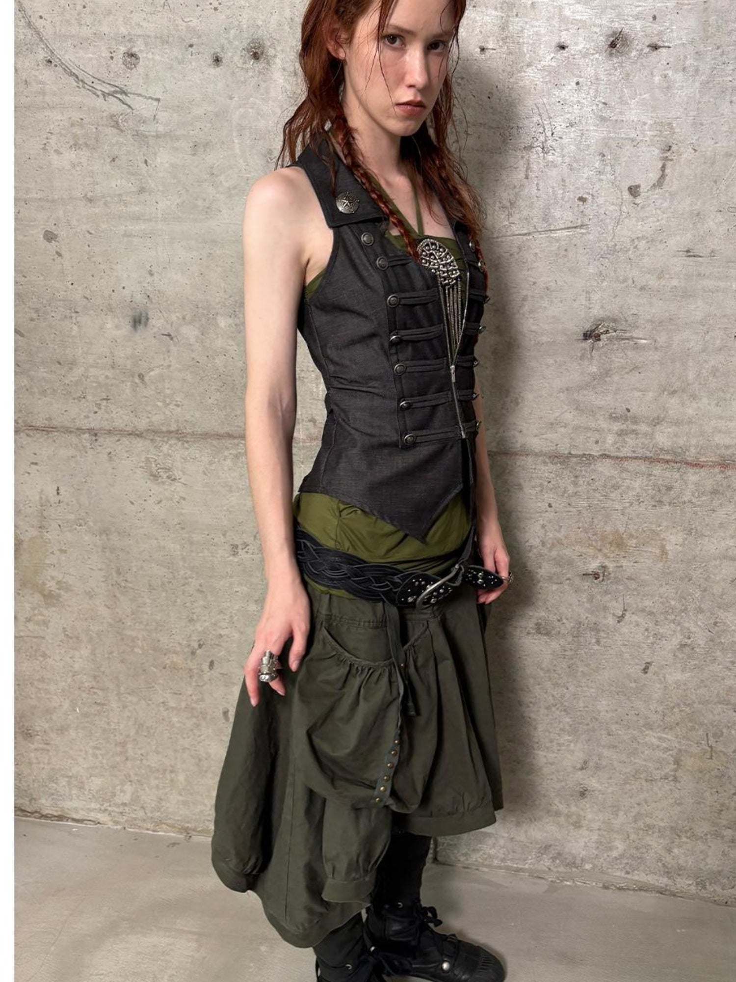 DoublePunch Vintage Washed Cotton A-Line Puffy Midi Skirt With Pockets