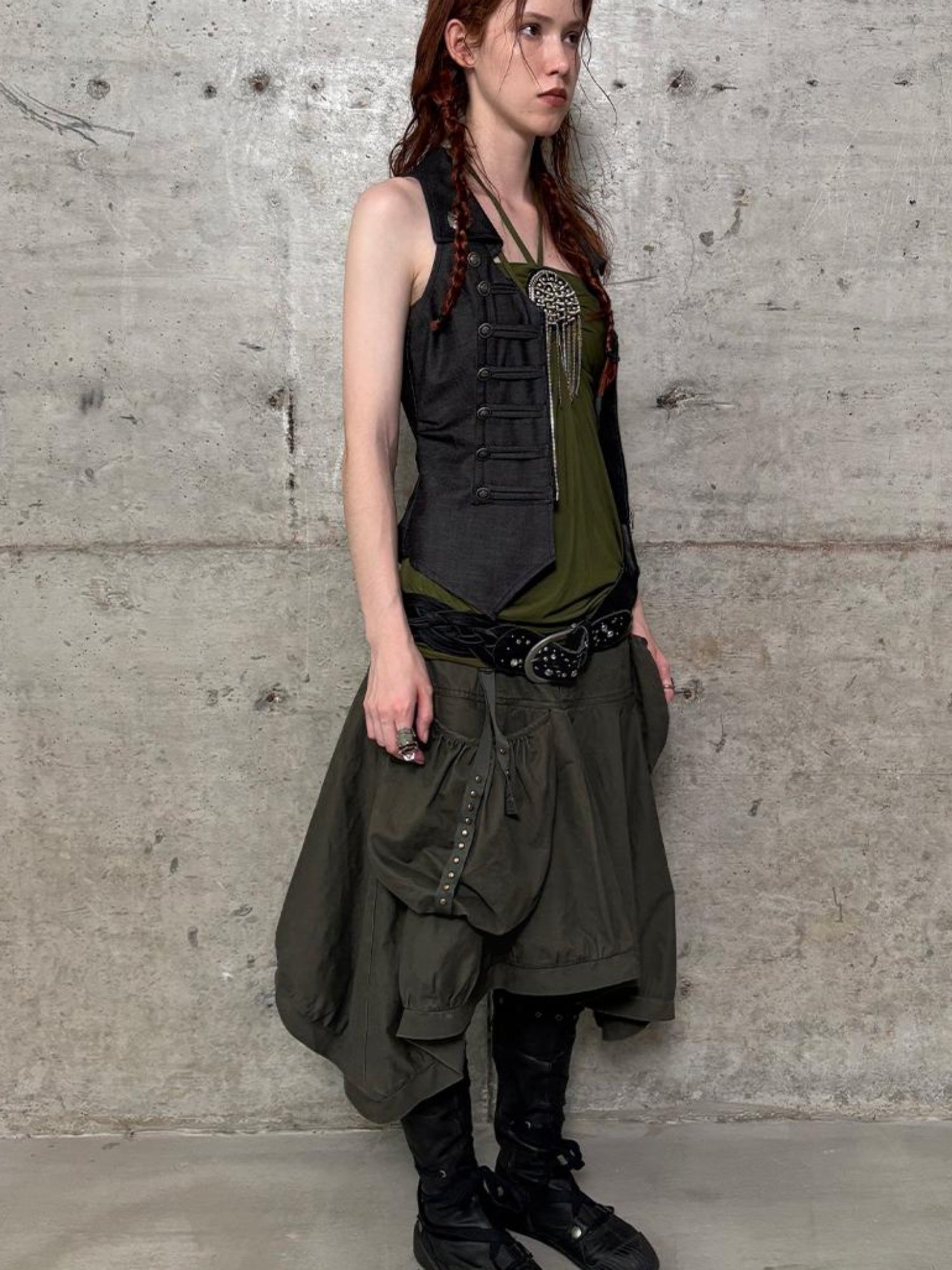 DoublePunch Vintage Washed Cotton A-Line Puffy Midi Skirt With Pockets