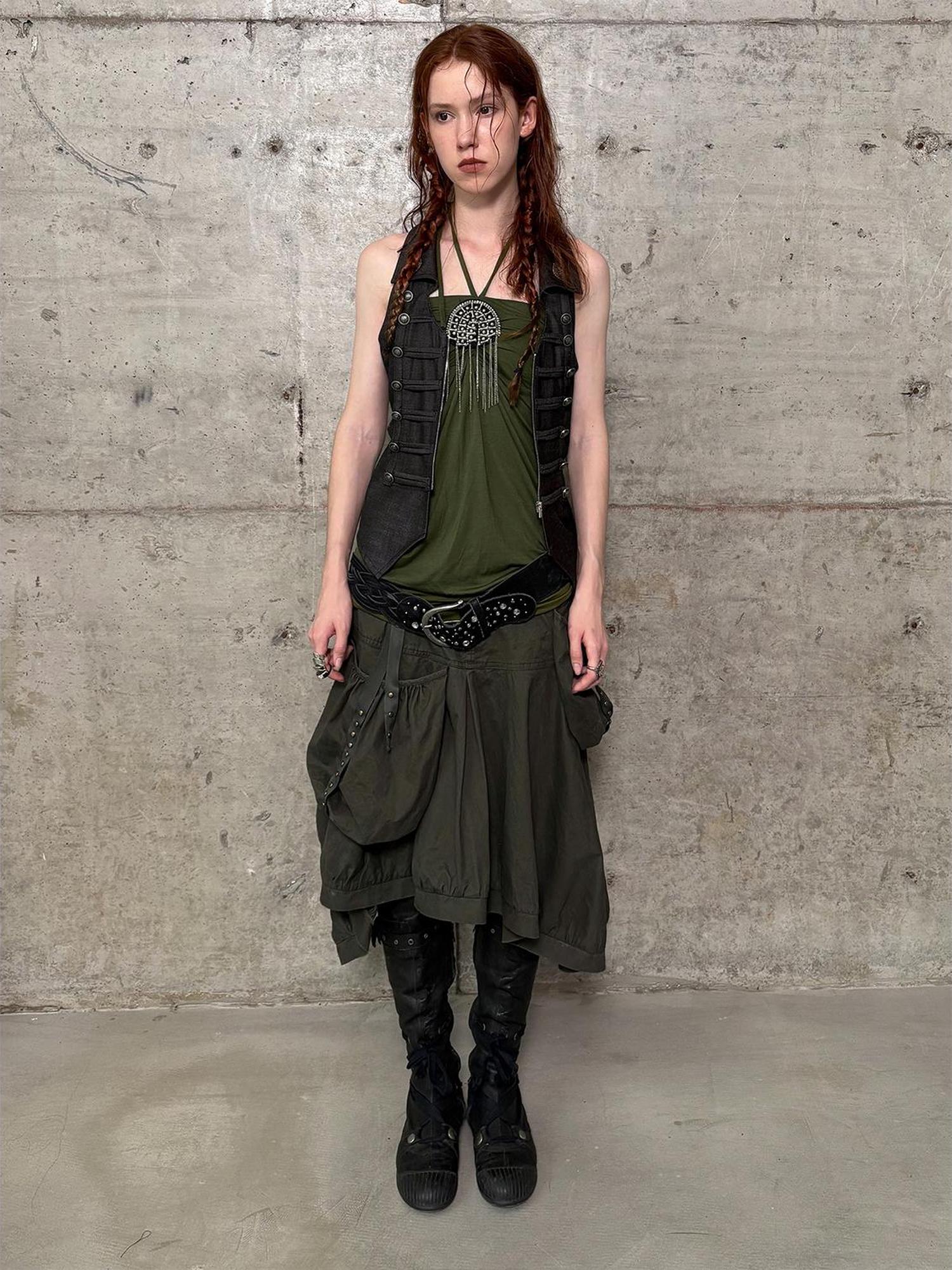 DoublePunch Vintage Washed Cotton A-Line Puffy Midi Skirt With Pockets