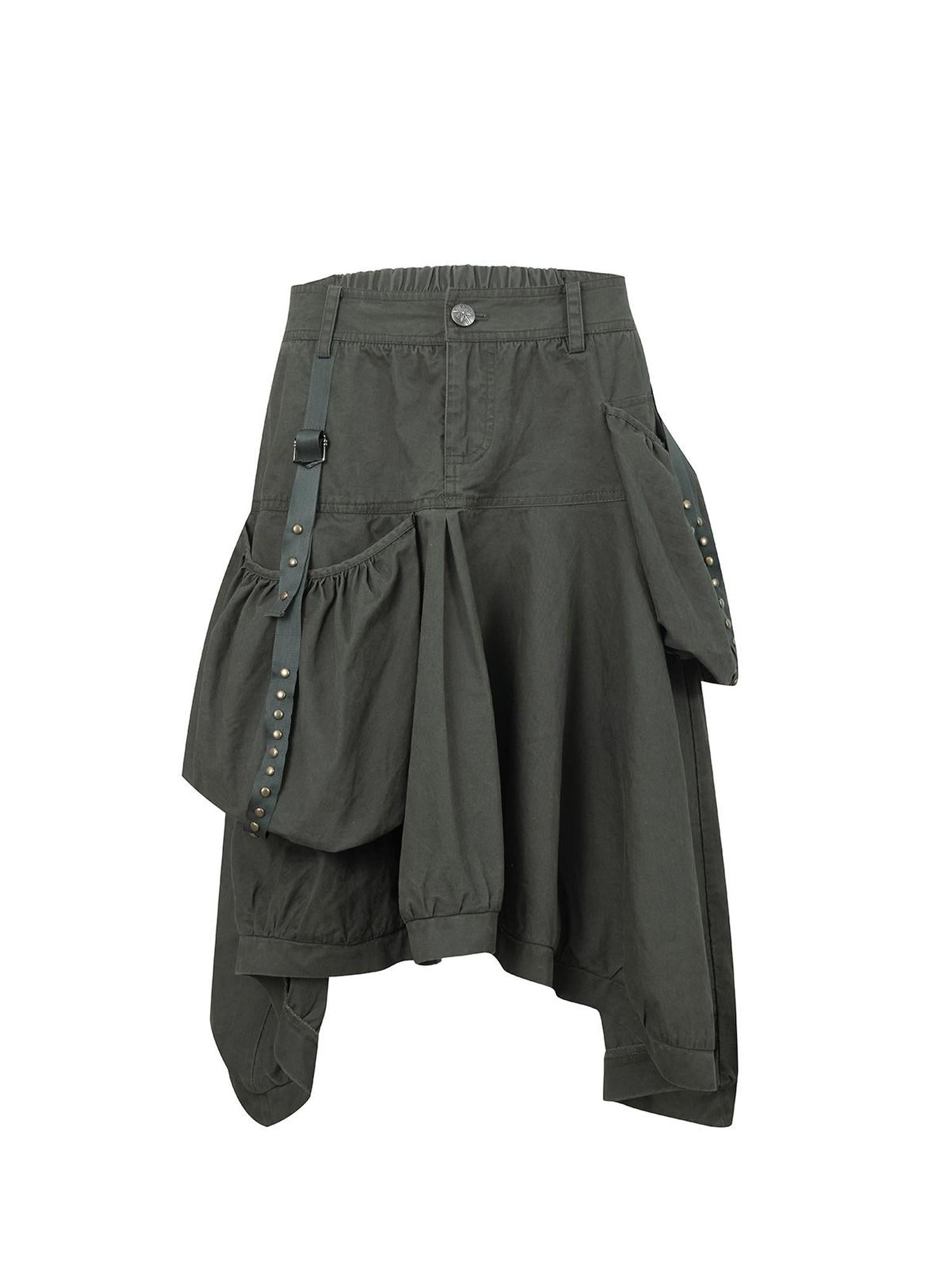 DoublePunch Vintage Washed Cotton A-Line Puffy Midi Skirt With Pockets