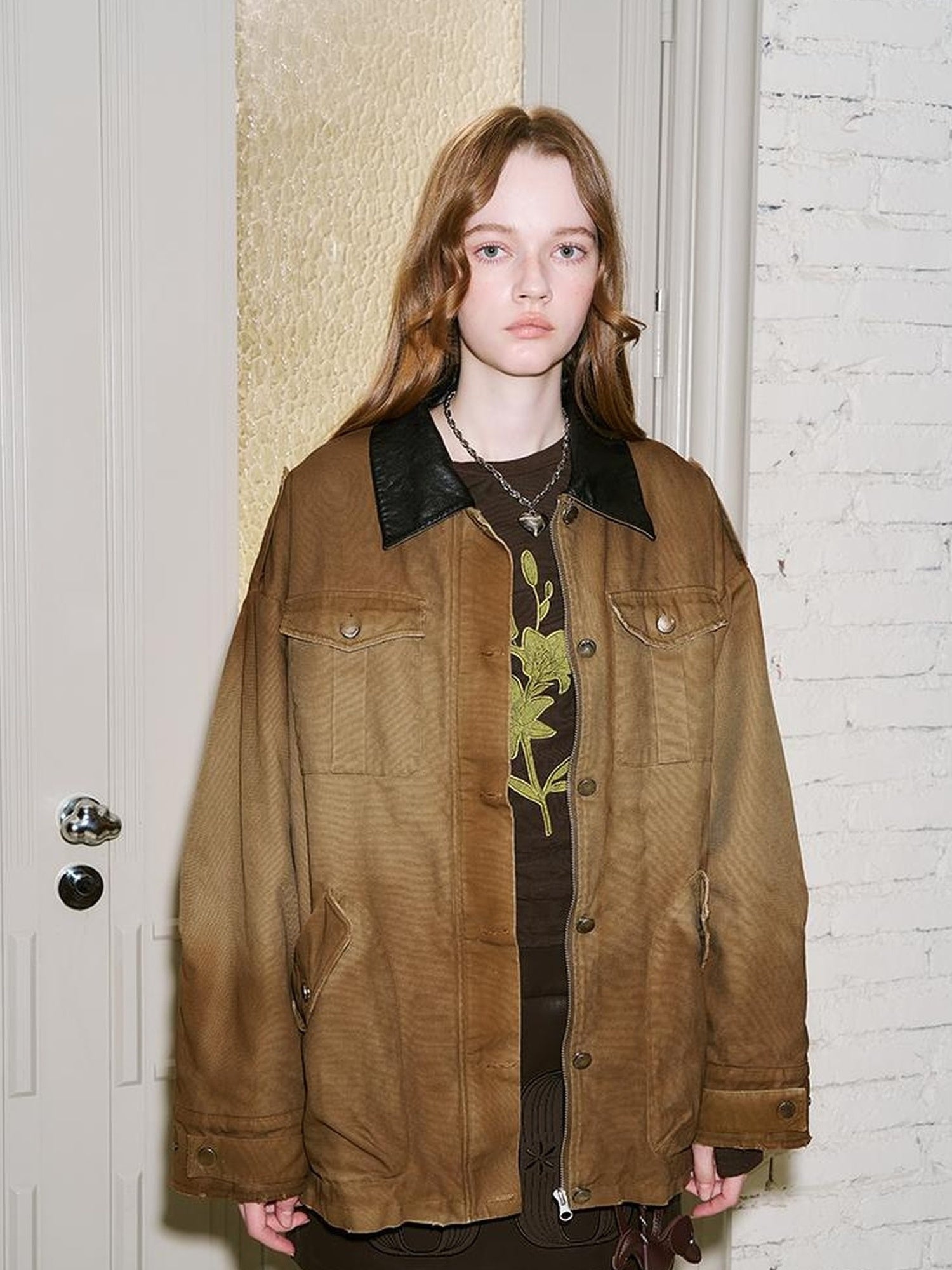 DIDDI MODA Vintage Washed Cotton Quilted Jacket With Leather Collar