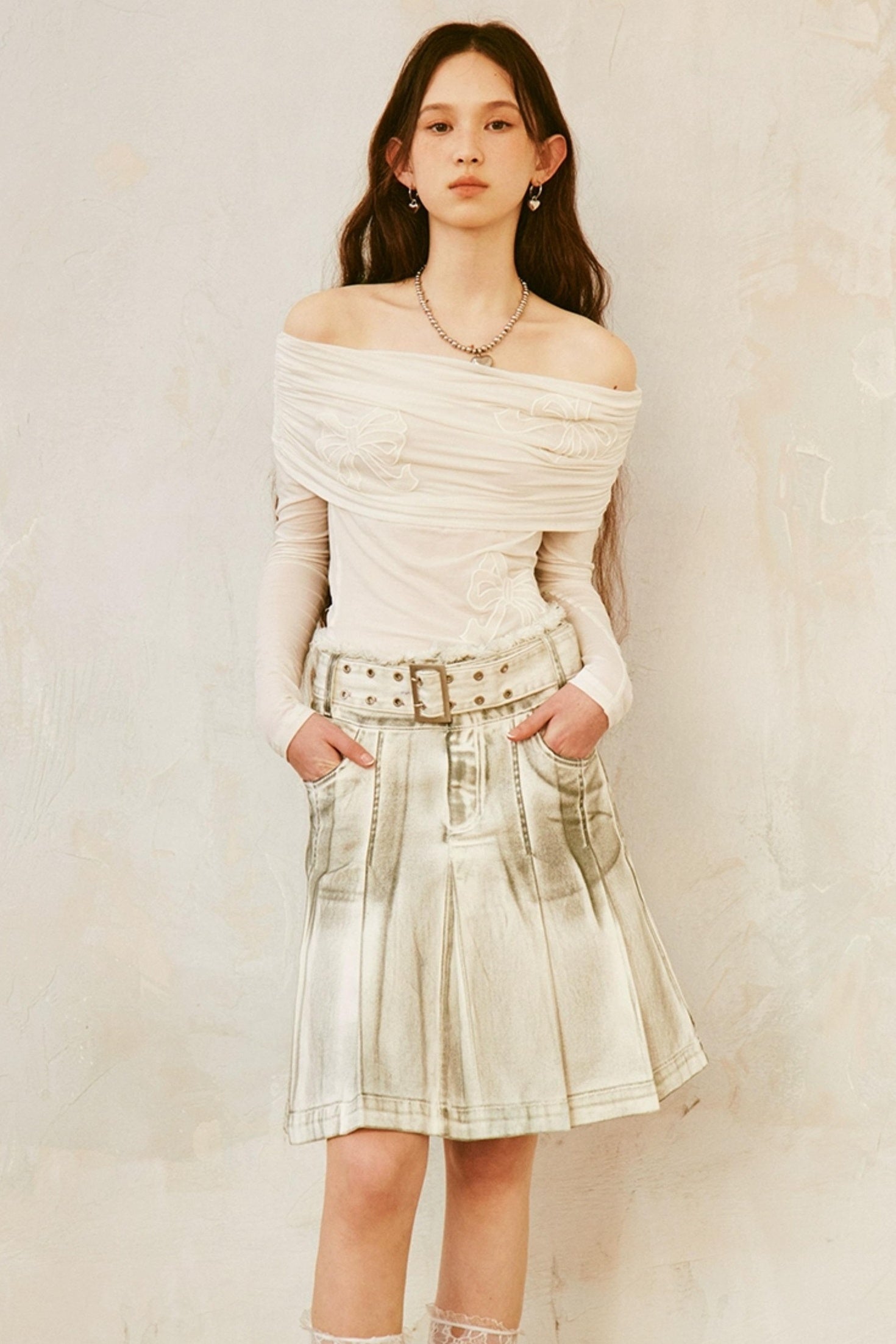 DIDDI MODA Vintage Washed Denim A Line Pleated Skirt