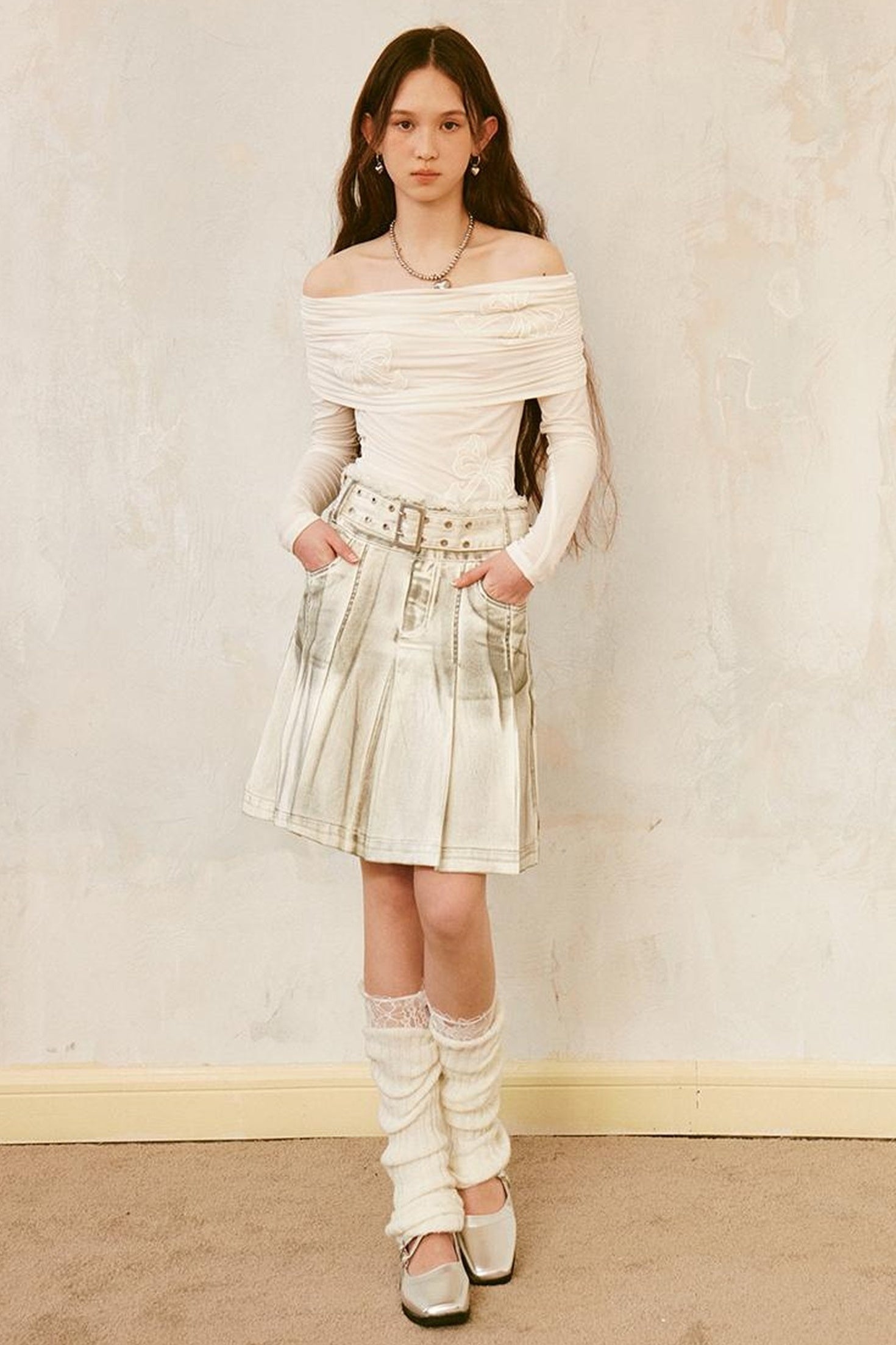 DIDDI MODA Vintage Washed Denim A Line Pleated Skirt