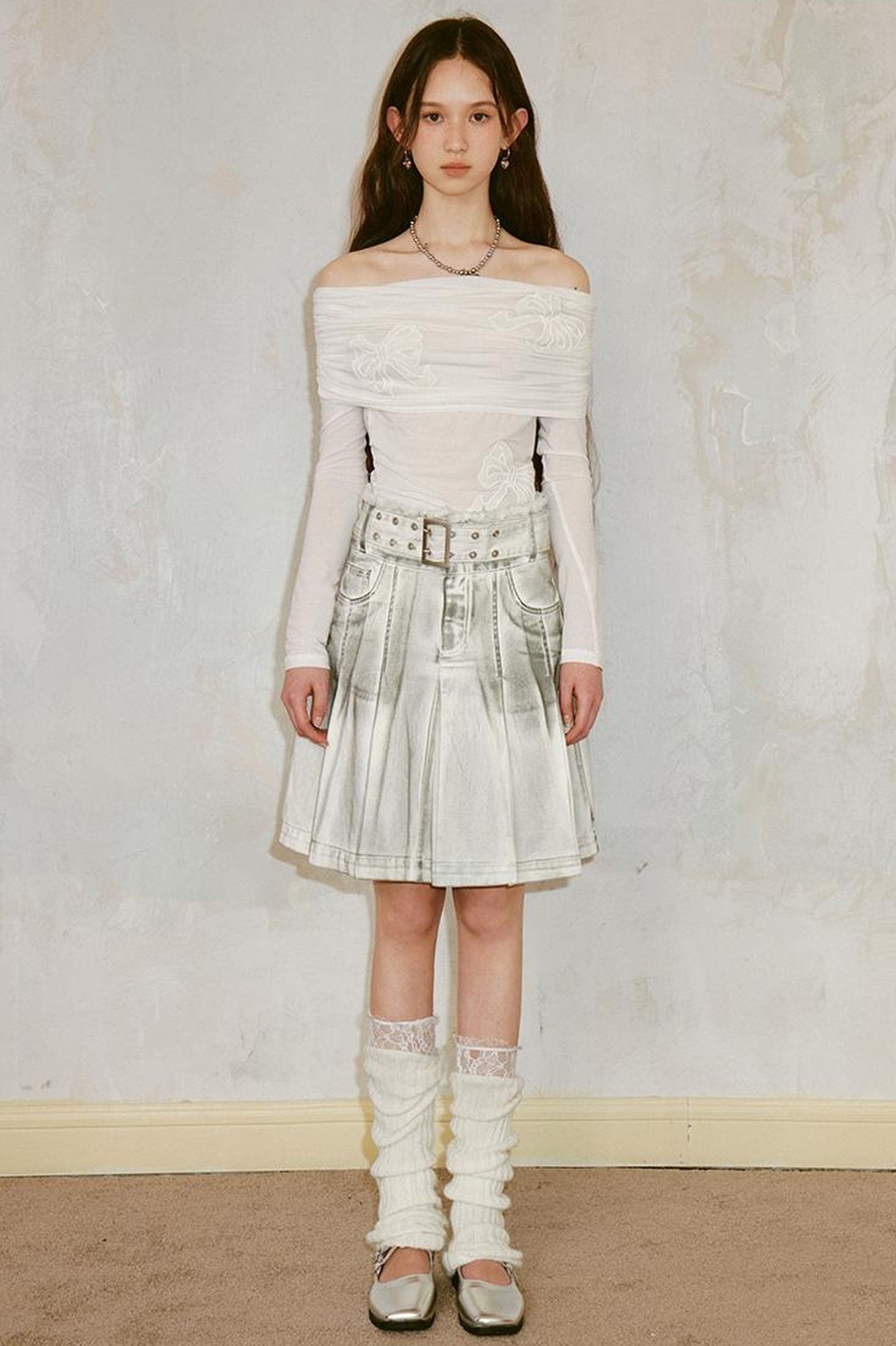 DIDDI MODA Vintage Washed Denim A Line Pleated Skirt