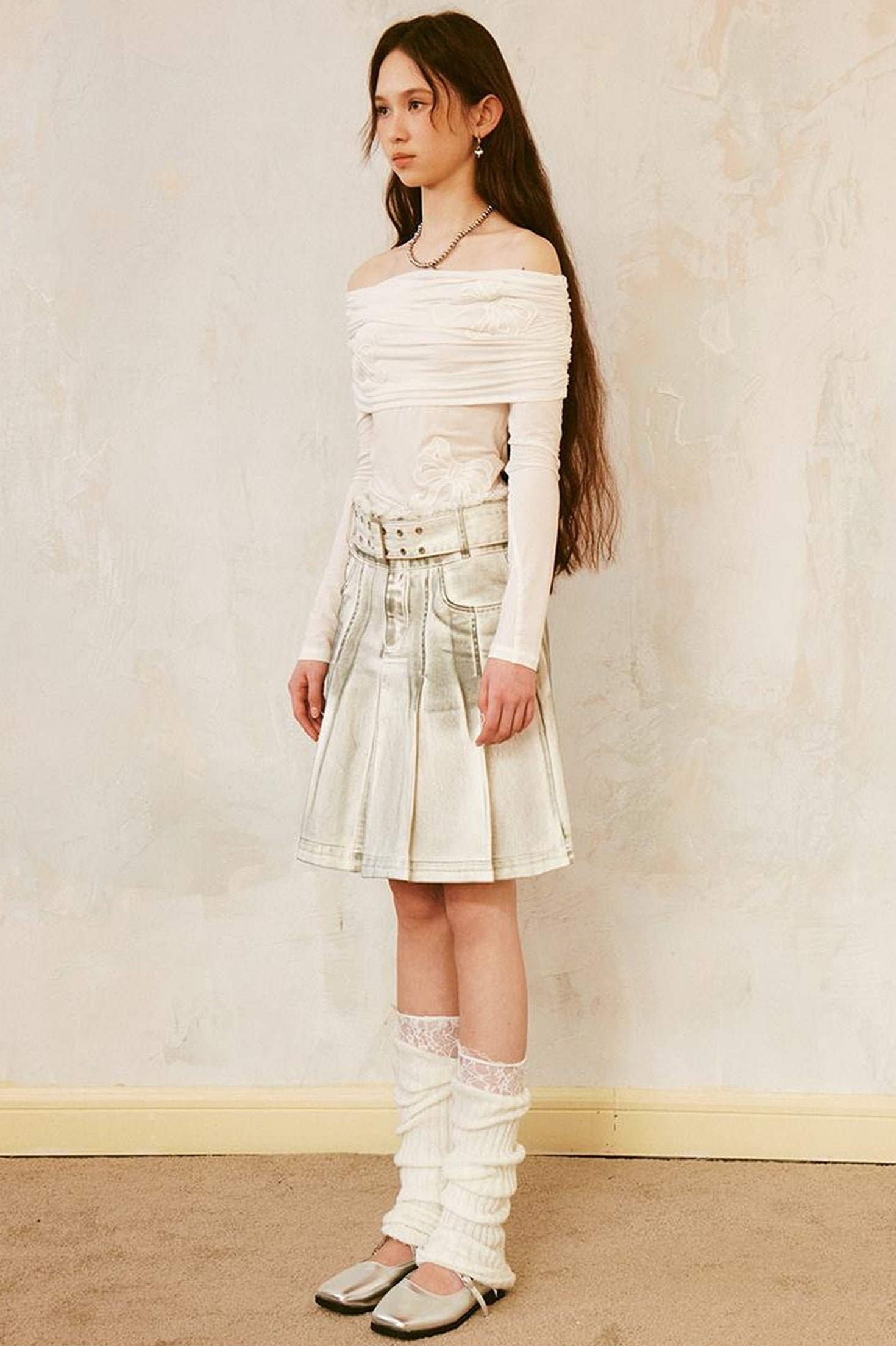 DIDDI MODA Vintage Washed Denim A Line Pleated Skirt