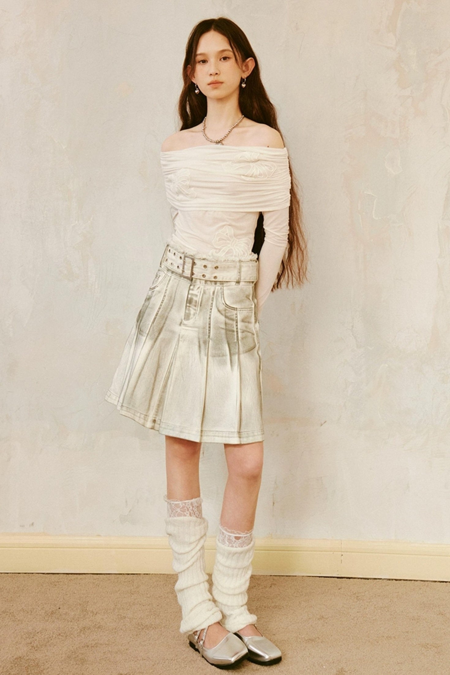 DIDDI MODA Vintage Washed Denim A Line Pleated Skirt