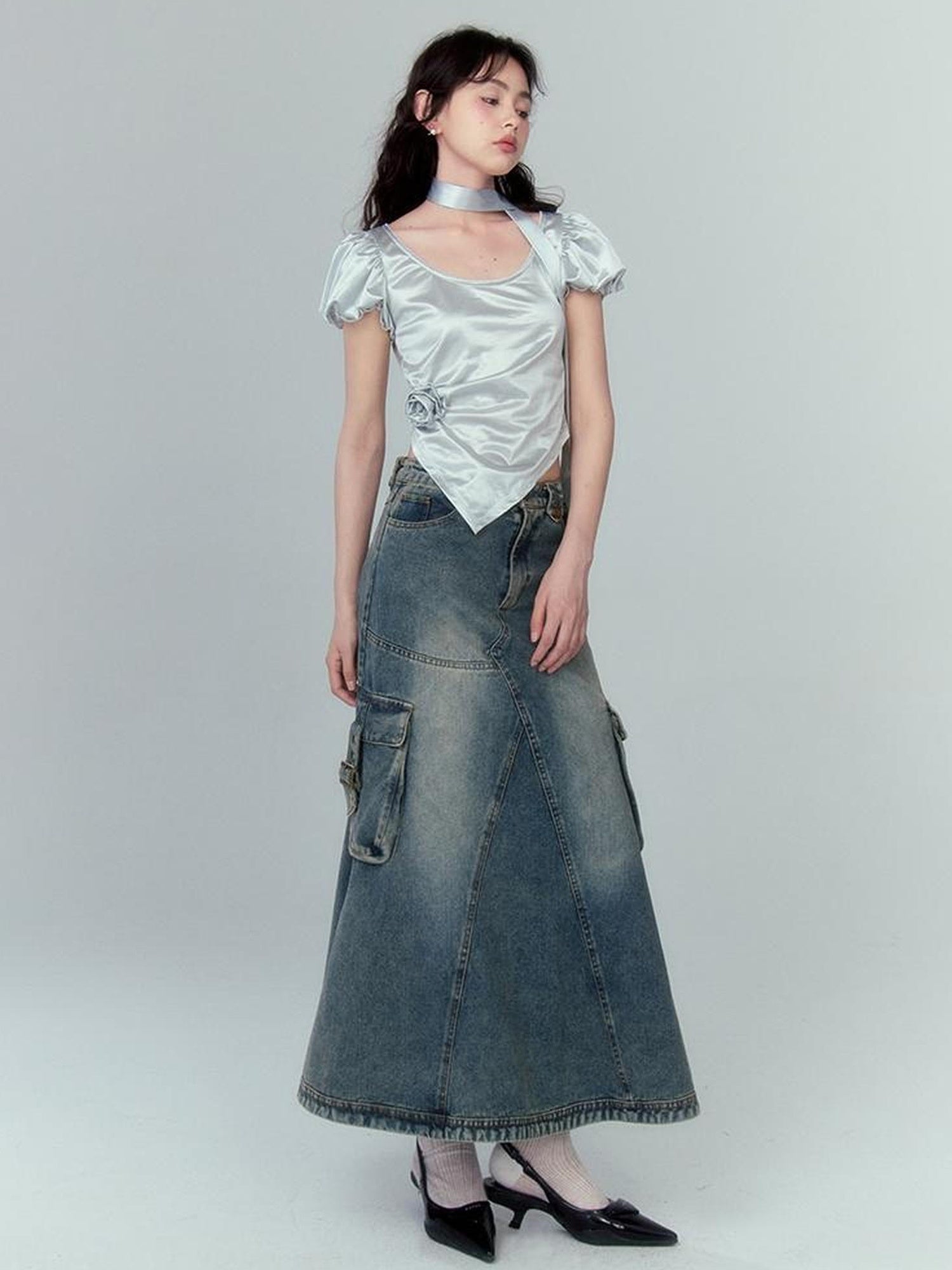 DIDDI MODA Vintage Washed Denim A Line Skirt With Layered Pockets
