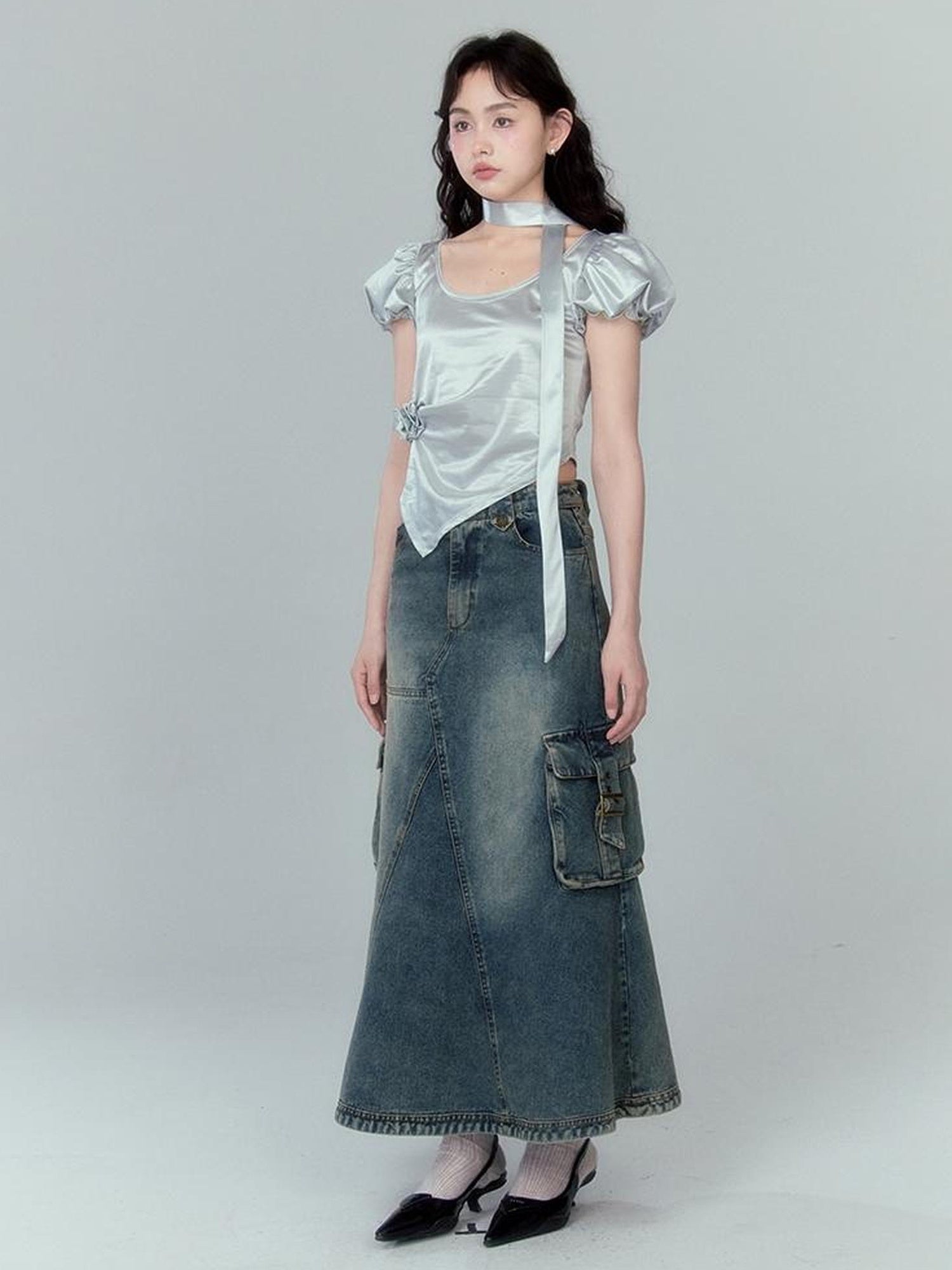 DIDDI MODA Vintage Washed Denim A Line Skirt With Layered Pockets