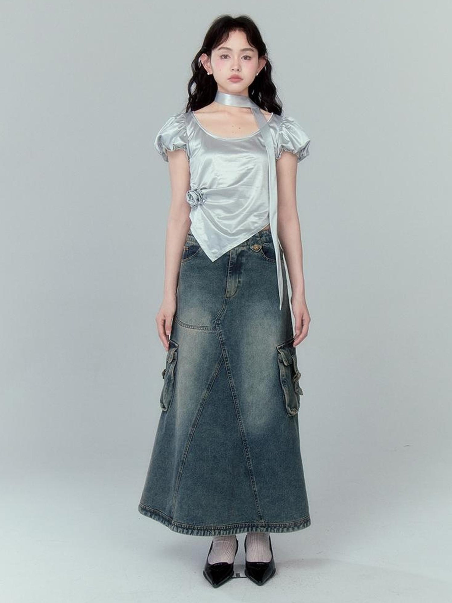 DIDDI MODA Vintage Washed Denim A Line Skirt With Layered Pockets