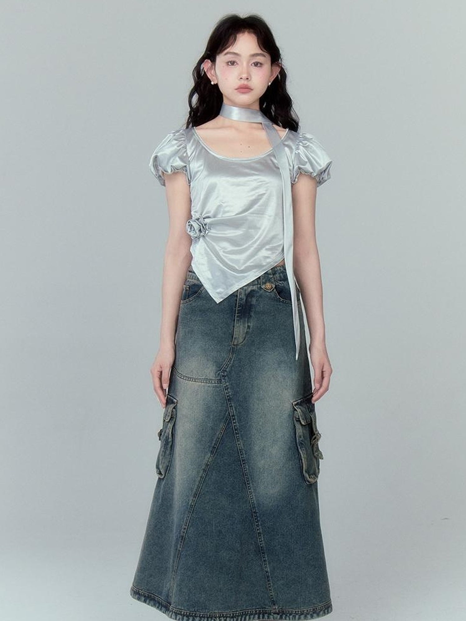 DIDDI MODA Vintage Washed Denim A Line Skirt With Layered Pockets