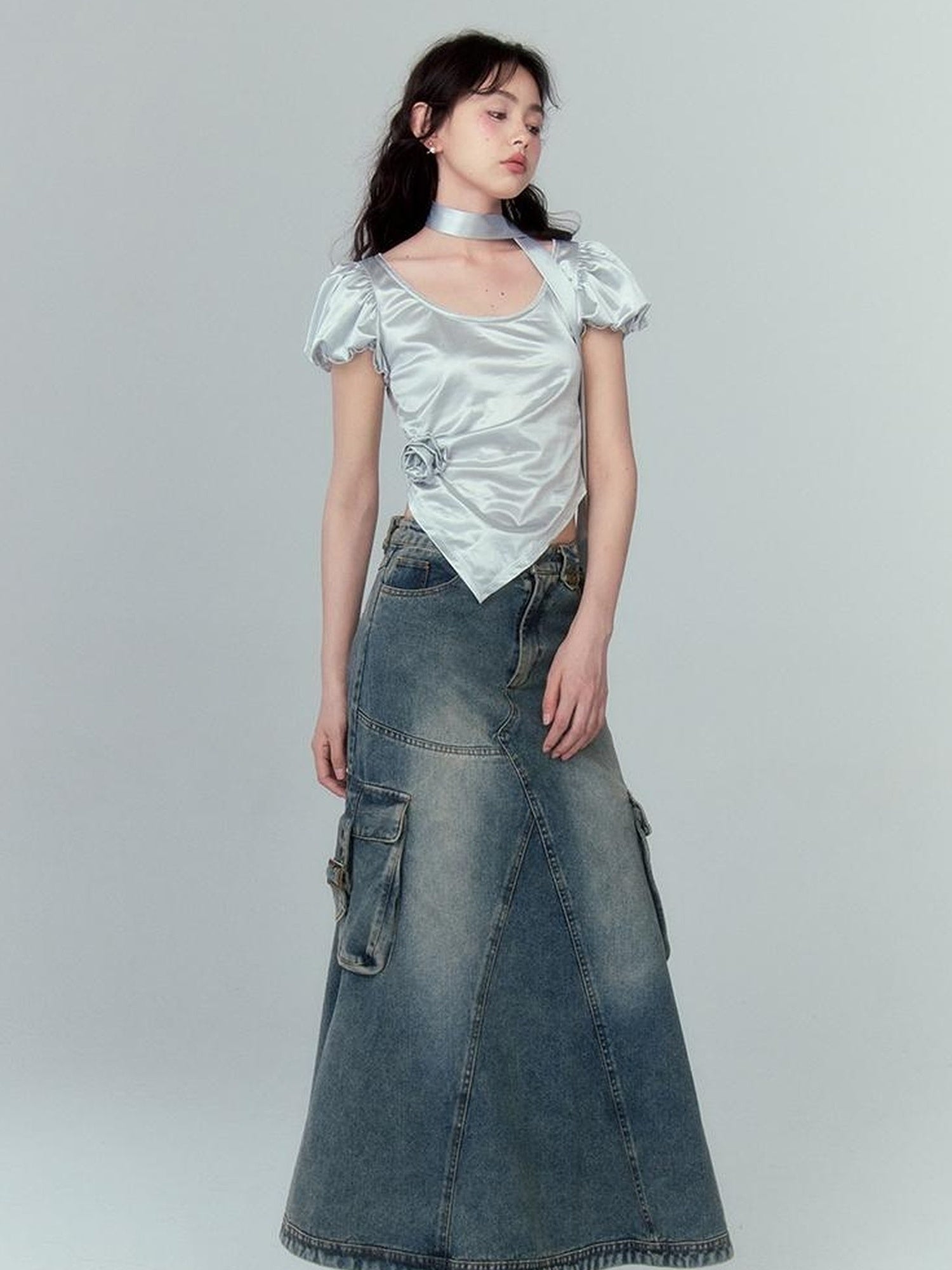 DIDDI MODA Vintage Washed Denim A Line Skirt With Layered Pockets