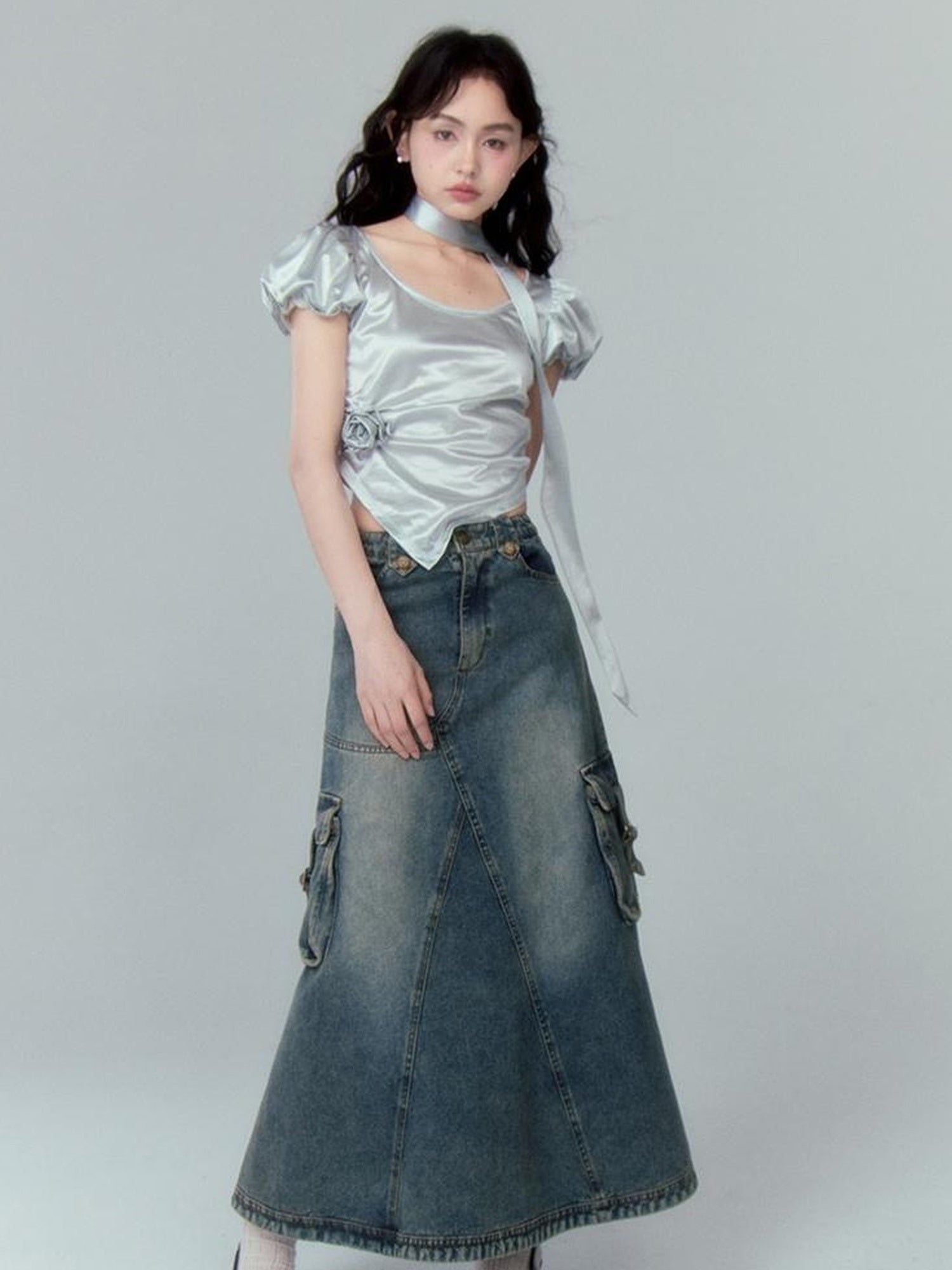 DIDDI MODA Vintage Washed Denim A Line Skirt With Layered Pockets