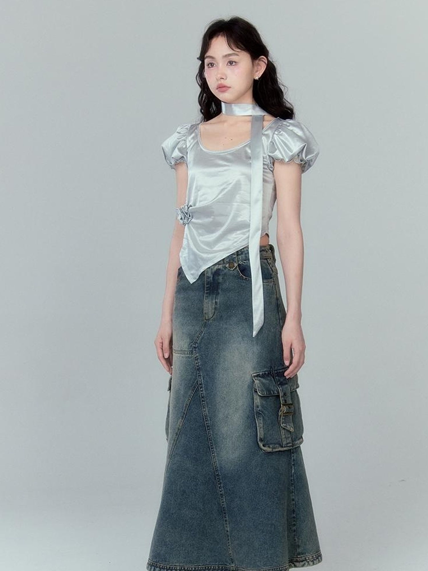 DIDDI MODA Vintage Washed Denim A Line Skirt With Layered Pockets
