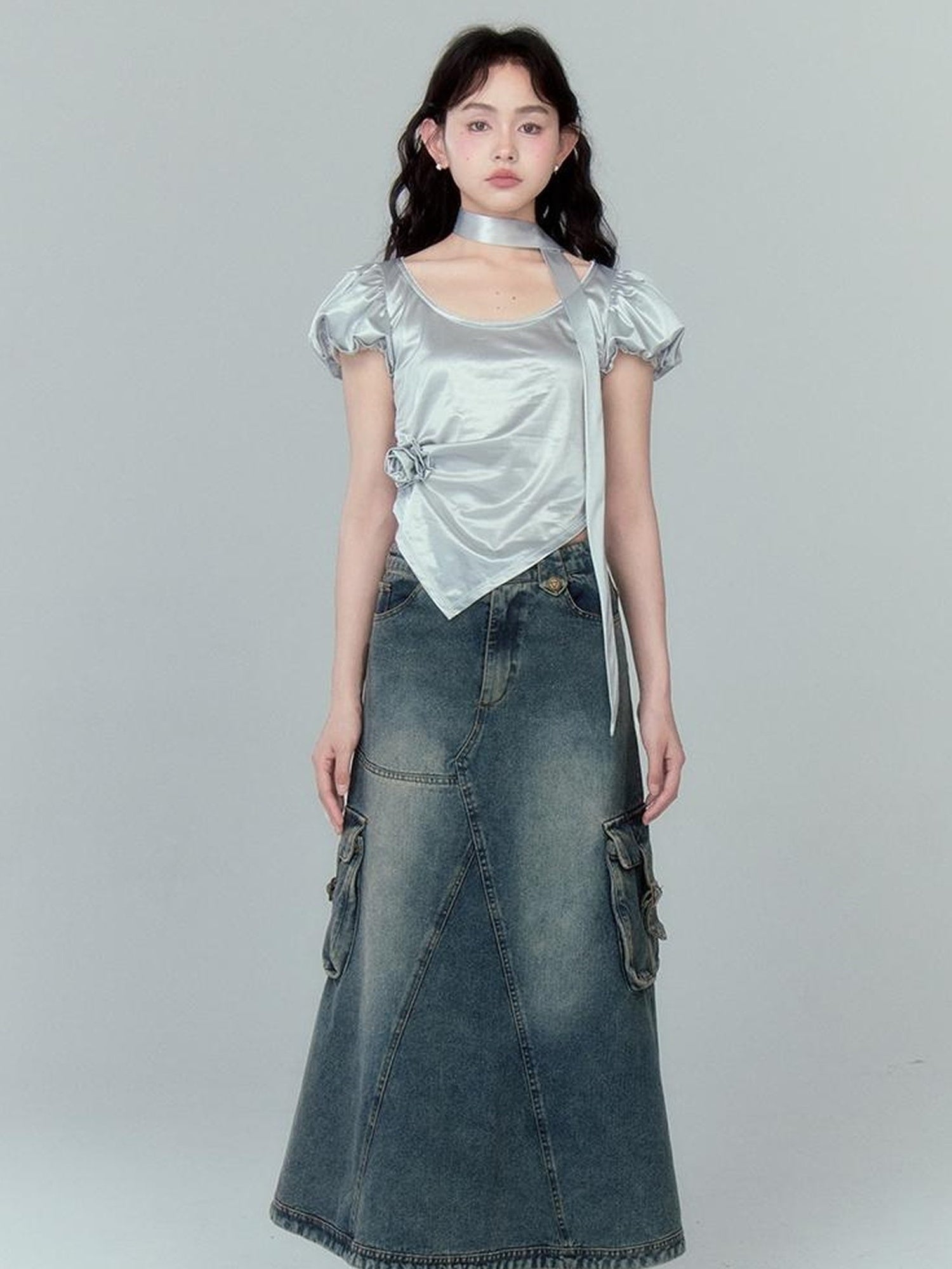DIDDI MODA Vintage Washed Denim A Line Skirt With Layered Pockets