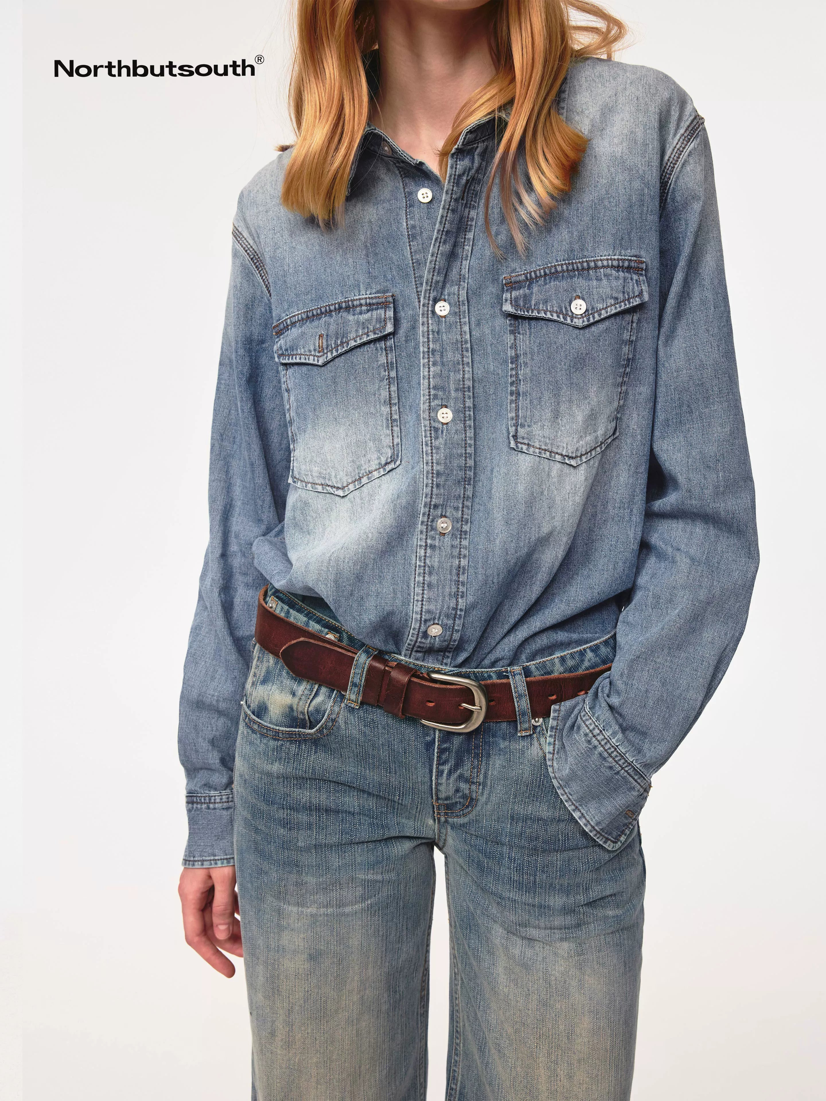 Vintage Washed Denim Shirt Jacket Lightweight Loose Fit