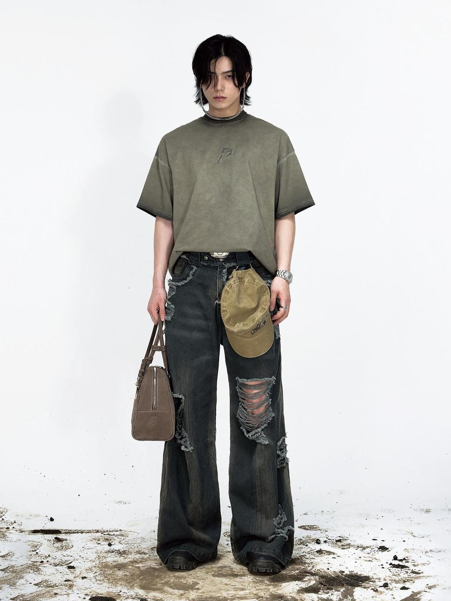 Peoplesense Vintage Washed Distressed Loose Fit Wide Leg Denim Jeans