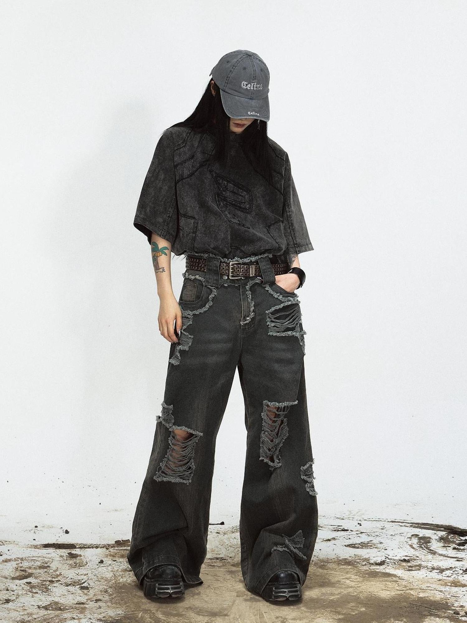 Peoplesense Vintage Washed Distressed Loose Fit Wide Leg Denim Jeans