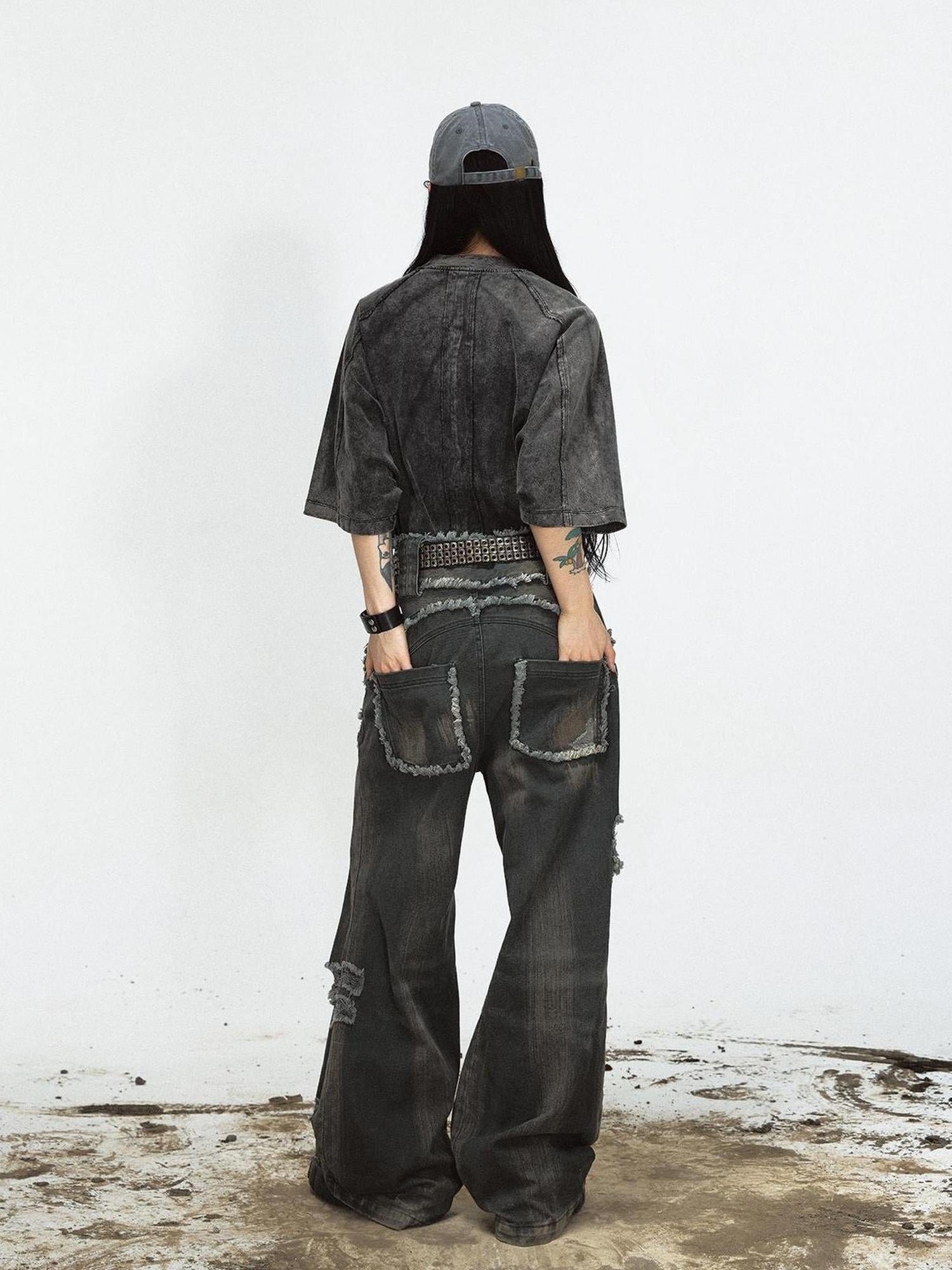 Peoplesense Vintage Washed Distressed Loose Fit Wide Leg Denim Jeans