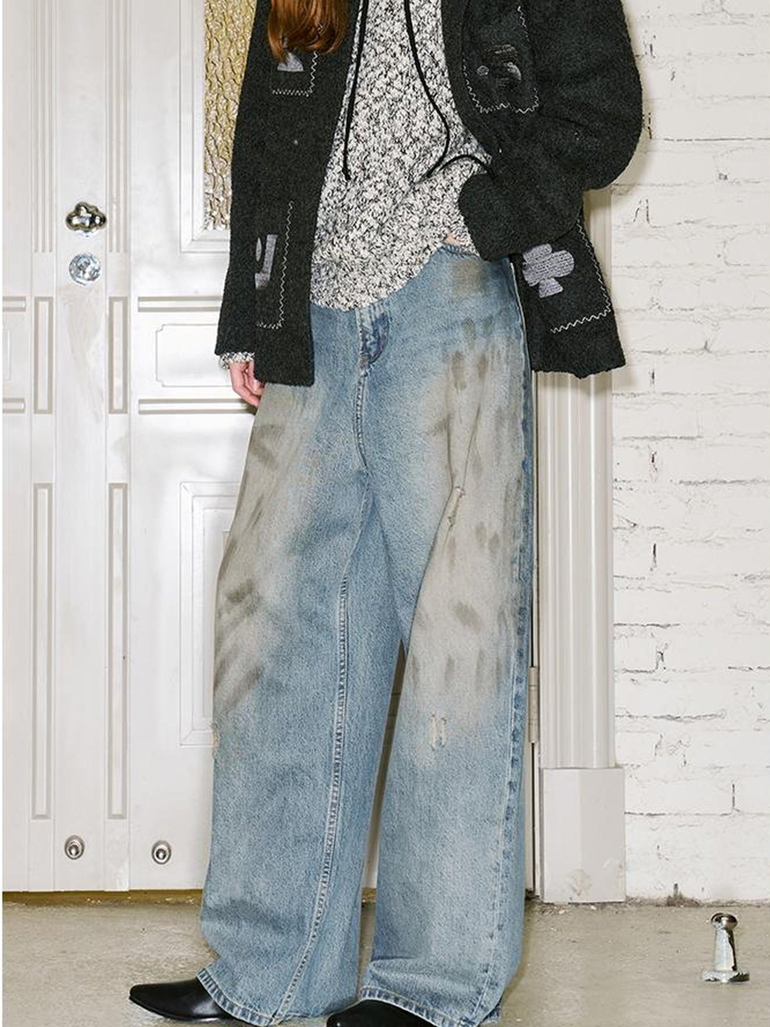 DIDDI MODA Vintage Washed Distressed Wide Leg Jeans