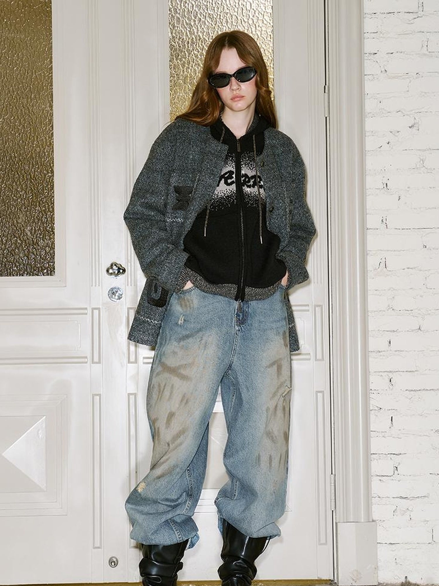 DIDDI MODA Vintage Washed Distressed Wide Leg Jeans