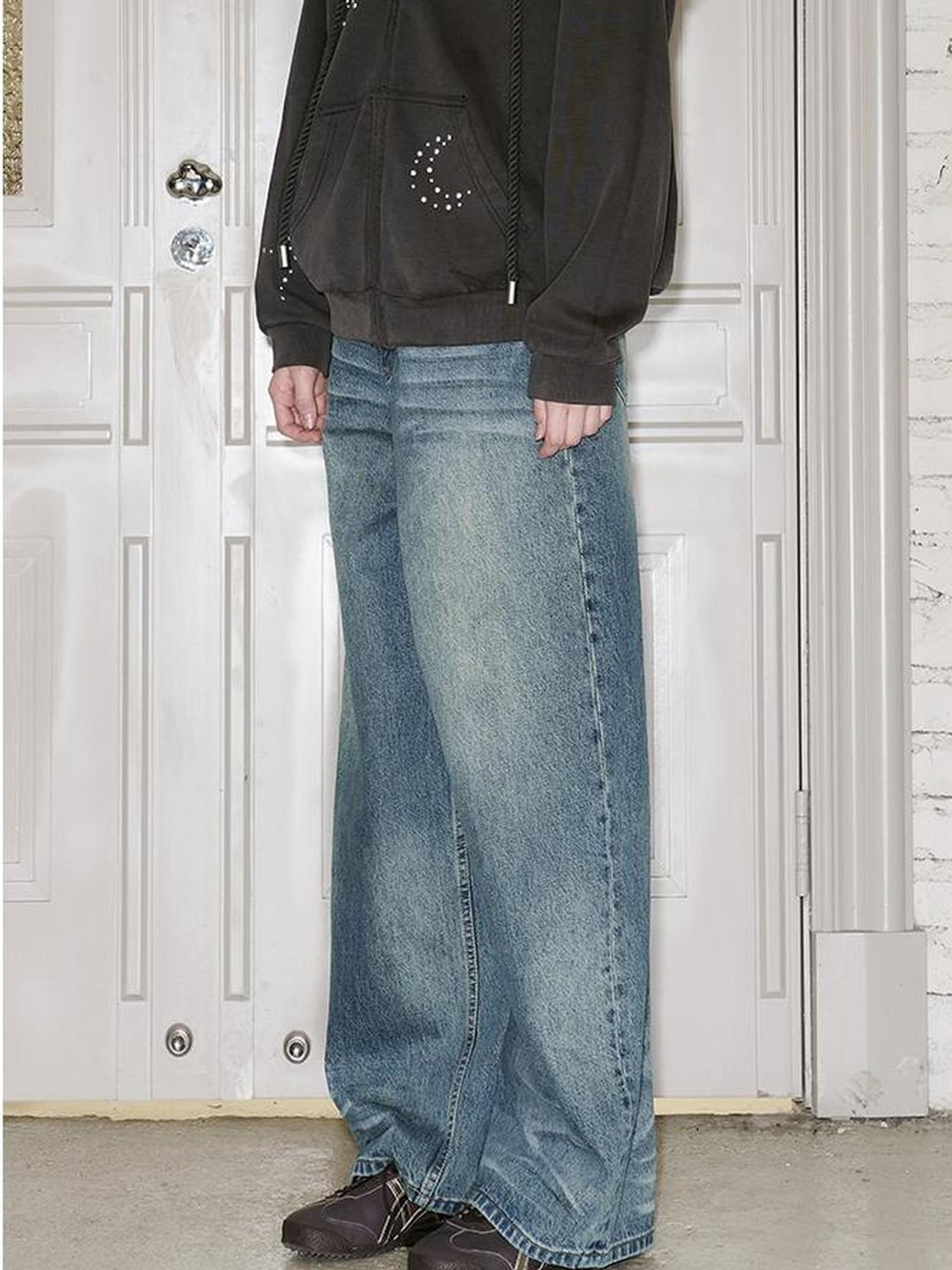 DIDDI MODA Vintage Washed Distressed Wide Leg Jeans