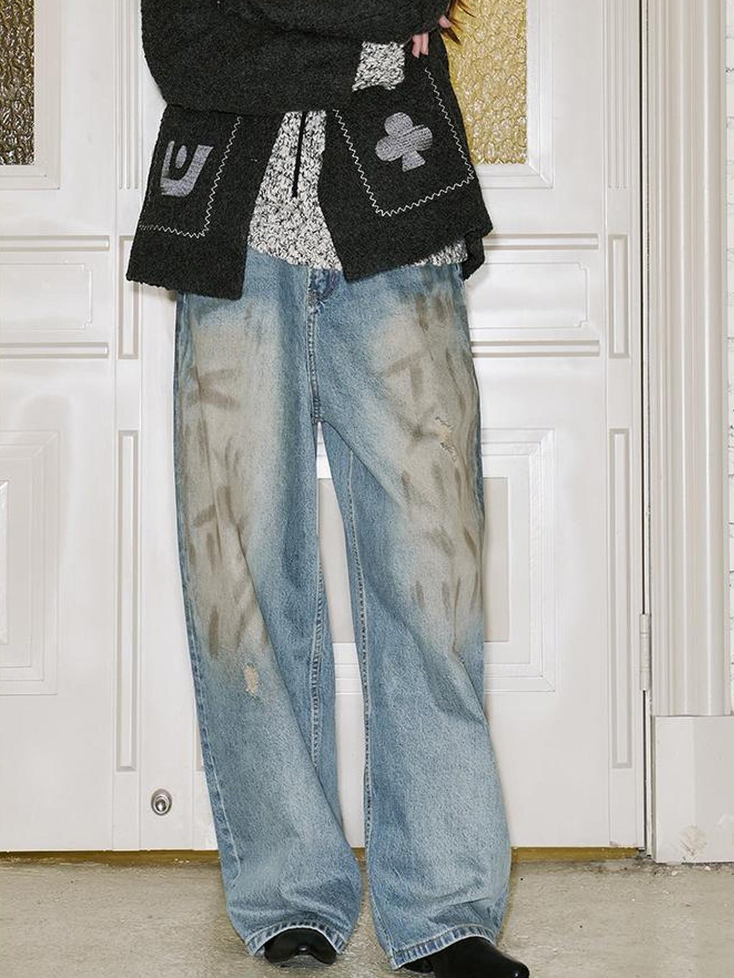 DIDDI MODA Vintage Washed Distressed Wide Leg Jeans