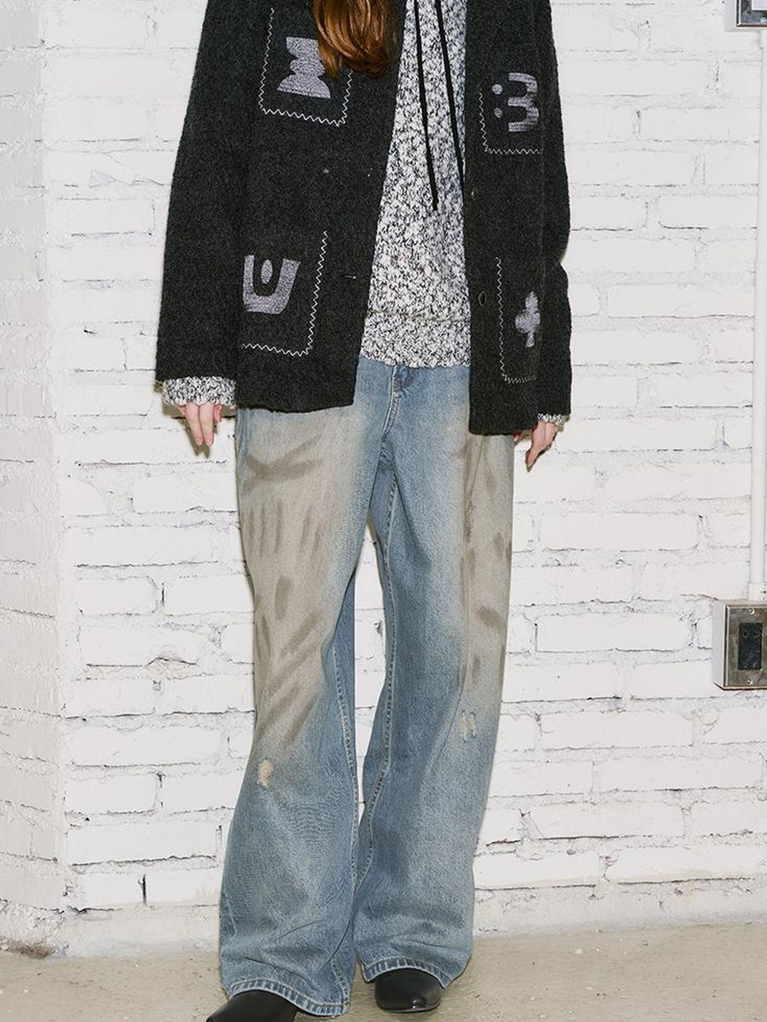 DIDDI MODA Vintage Washed Distressed Wide Leg Jeans