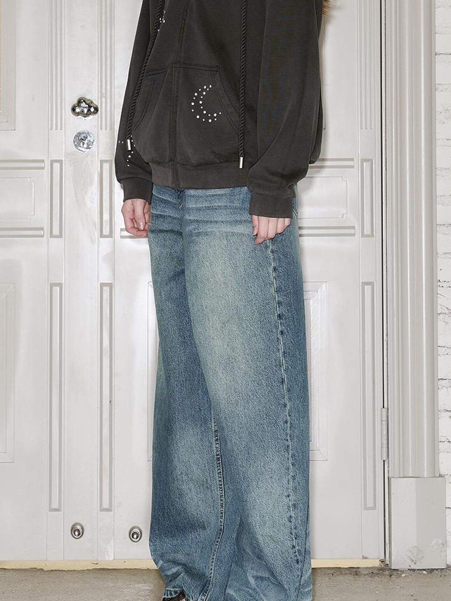 DIDDI MODA Vintage Washed Distressed Wide Leg Jeans